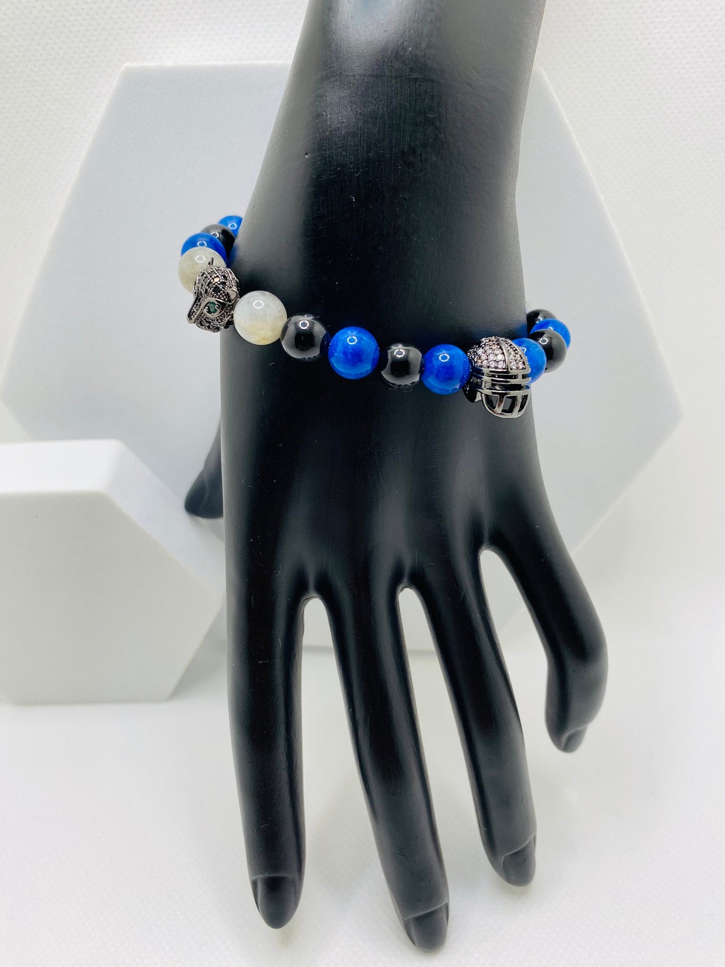 Carolina Panthers Bracelet: Onyx, Kyanite & Labradorite Gemstone Beads