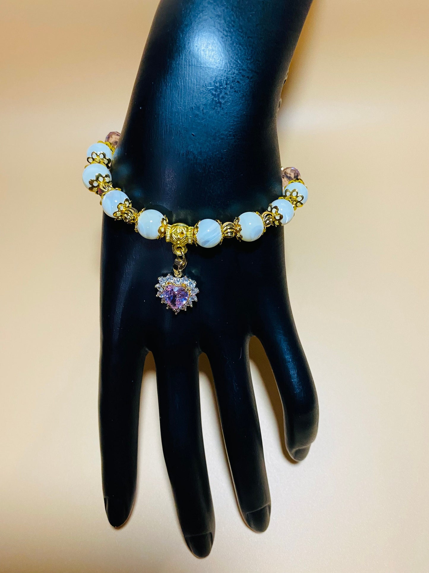 Mother of Pearl Bracelet: Pink Crystal Beads, Heart Charm, 18k Gold Accents