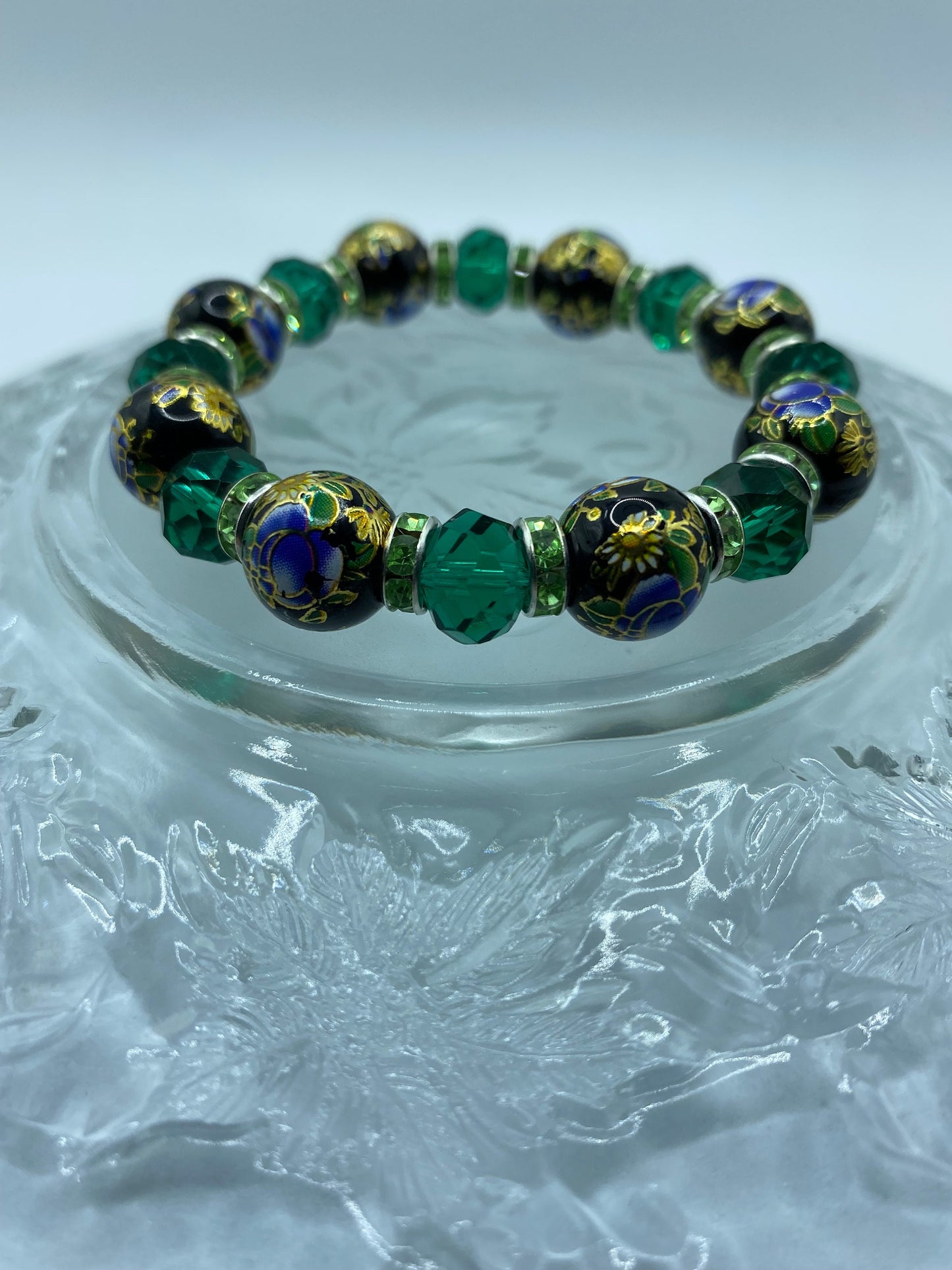 Floral Lampwork Glass Bead Bracelet: Emerald Green Crystal Rhinestone Rondelles
