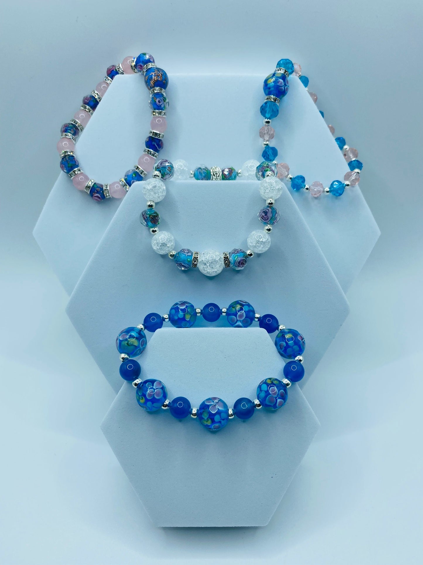 Blue Lace Agate Bracelet: Lampwork Floral Glass Beads, Silver Accents