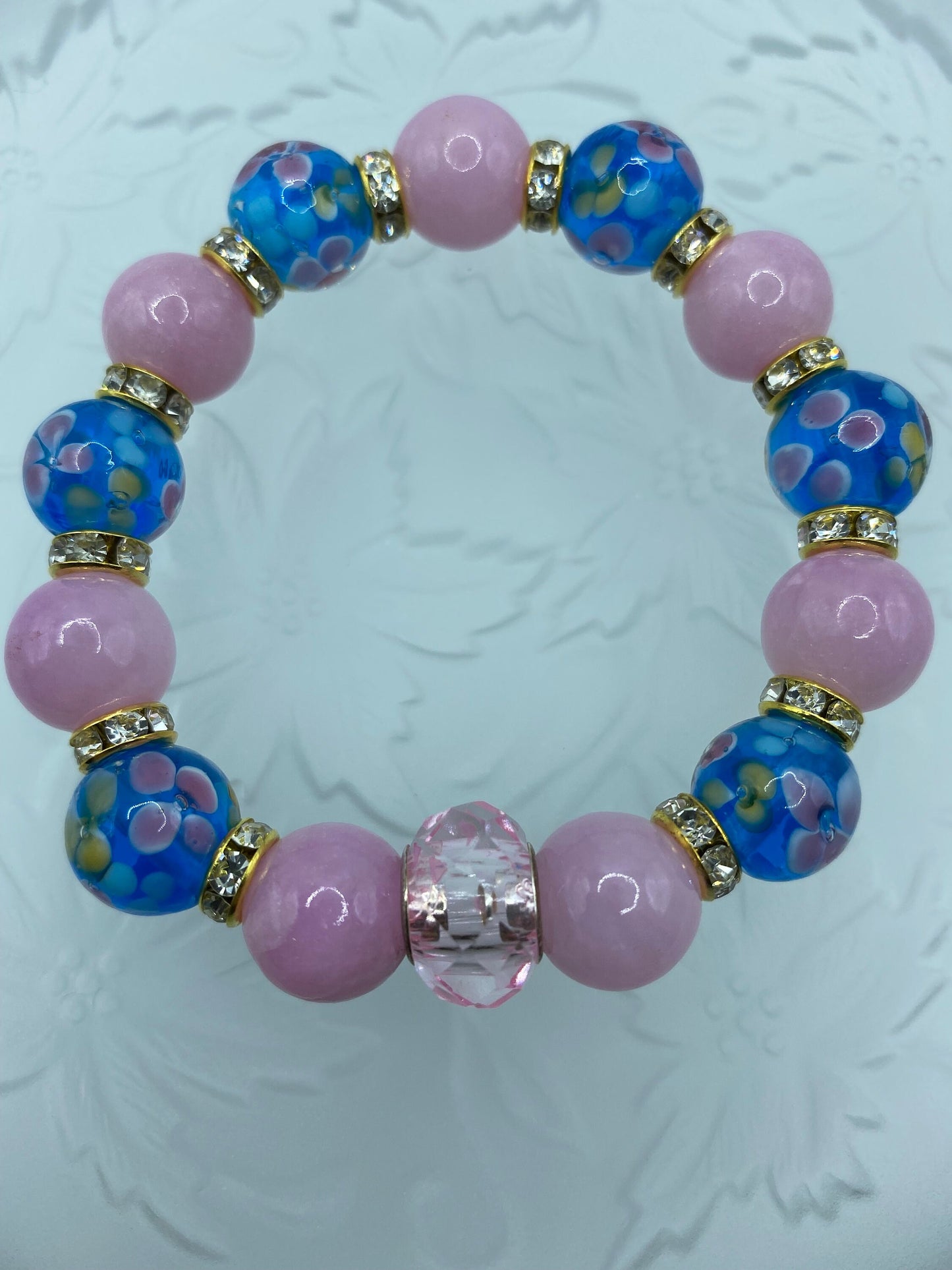 Lavender Jade Bracelet: Blue Floral Lampwork Glass & Crystal