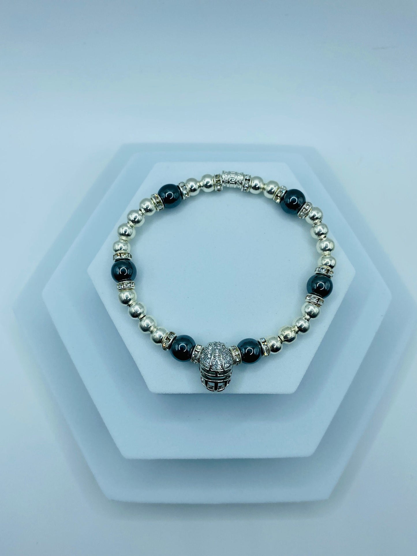 Las Vegas Raiders Bracelet: Hematite Beads, CZ Football Helmet