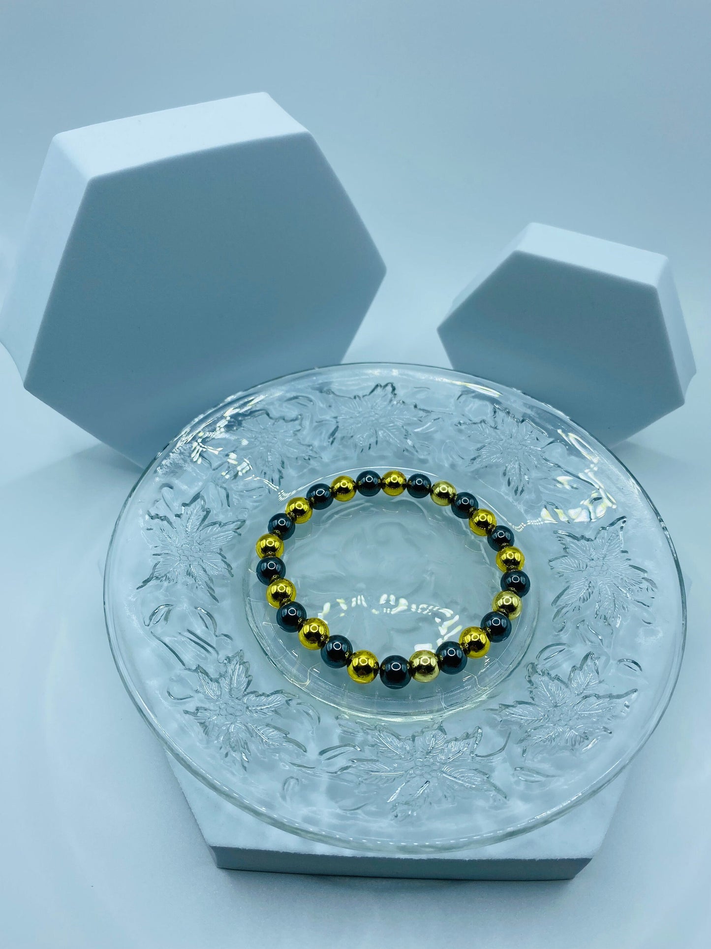 18k Gold & Black Hematite Gemstone Bracelet - Custom Sized