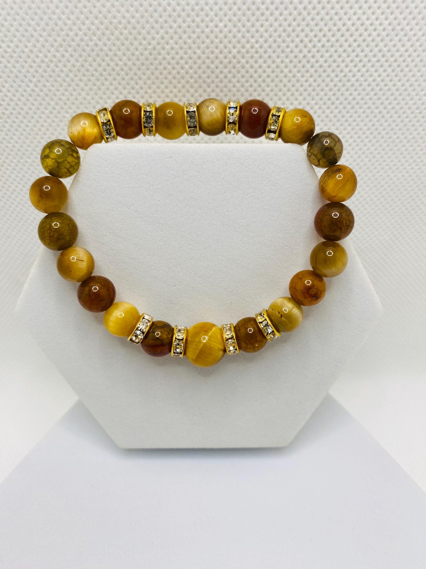 Tigers Eye & Agate Beaded Bracelet: Gold Rhinestone Spacers