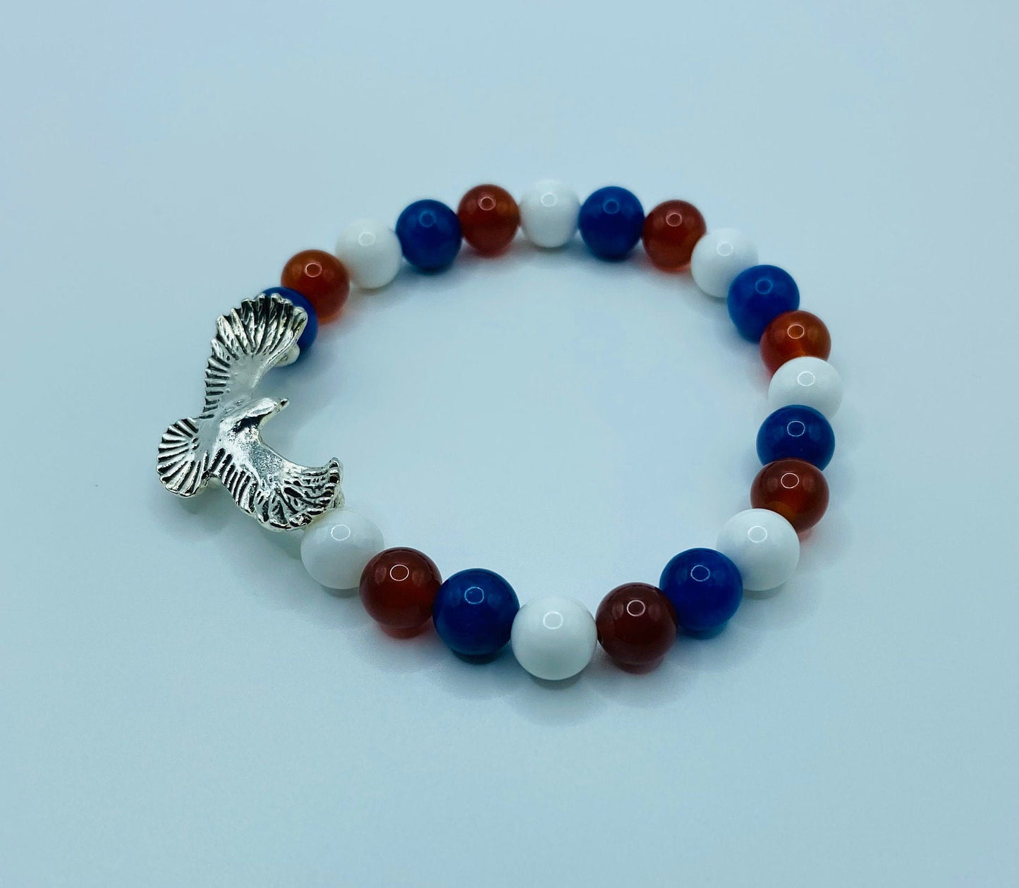 Eagle Charm Bracelet: Red, White & Blue Gemstone Beaded Patriotic Jewelry