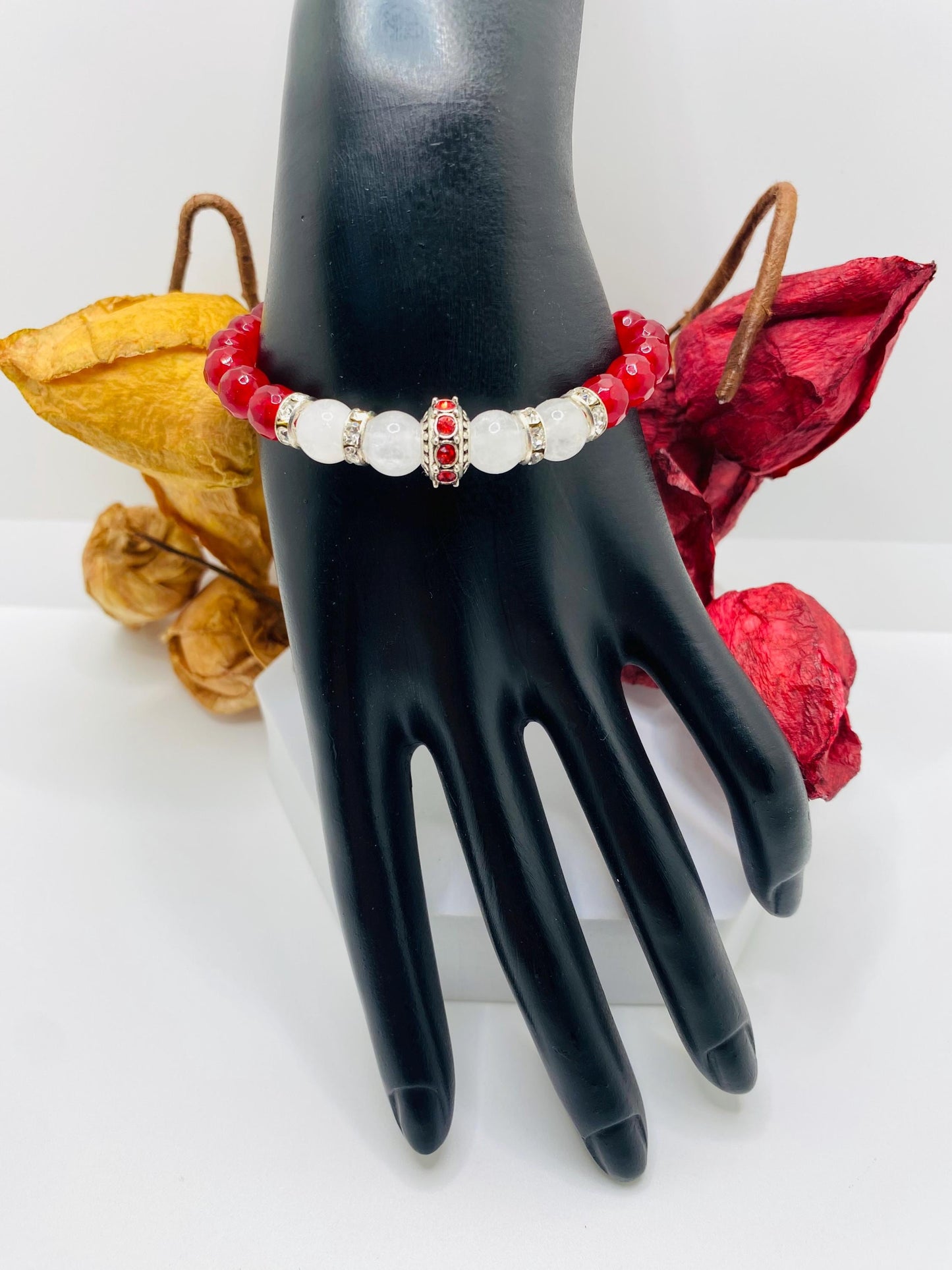 Red Agate & White Jade Charm Bracelet: Silver Rhinestone Accents