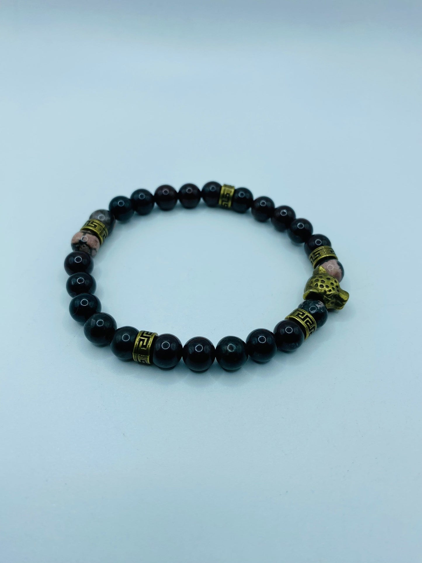 Mens Leopard Charm Bracelet: Bronzite Gemstone Beads, Tibetan Spacers
