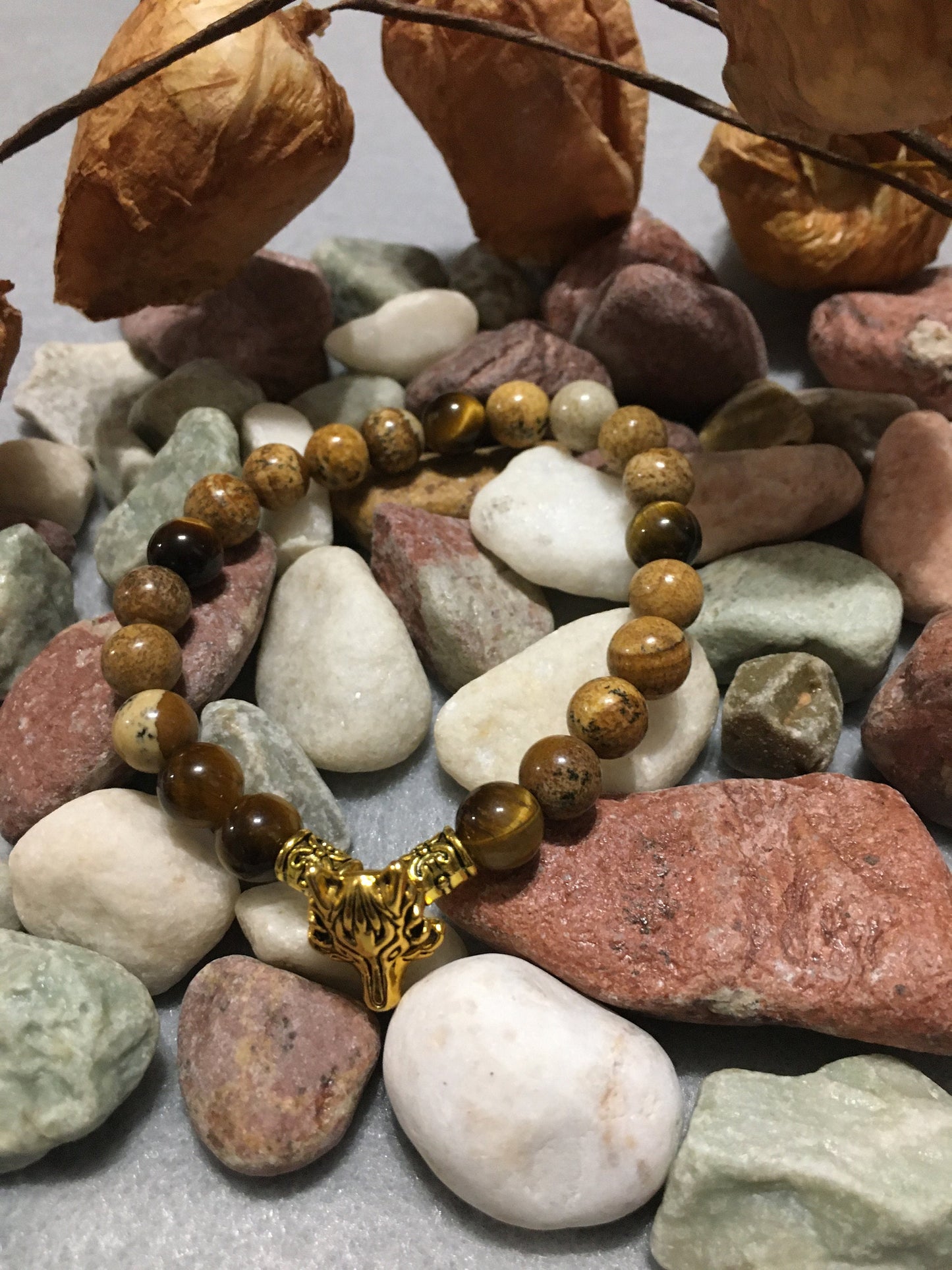 Wolf Head Charm Bracelet: Jasper & Tiger's Eye Gemstone Beads