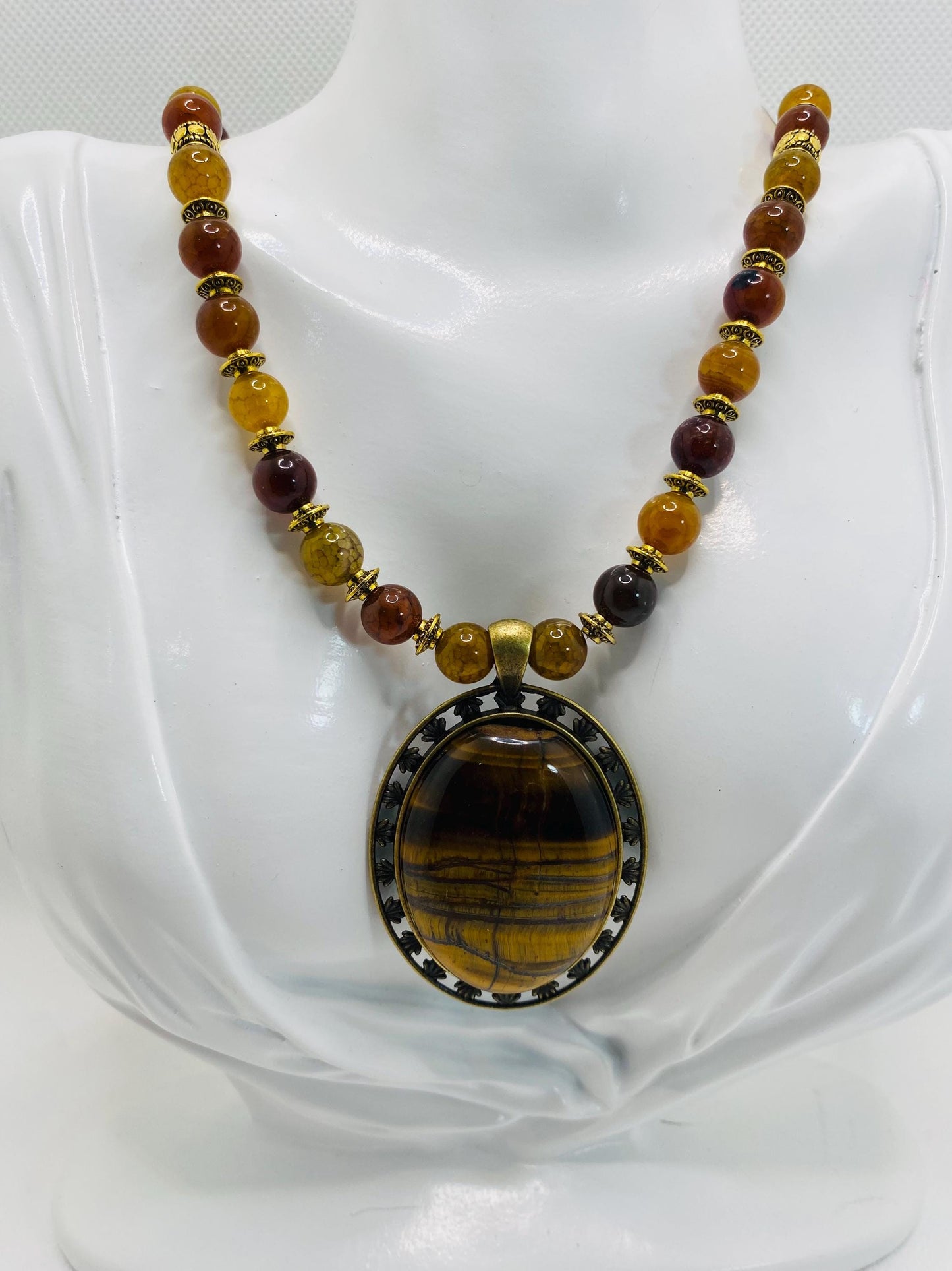 Tigers Eye & Dragon Vein Agate Necklace: Tibetan Style Gemstone Jewelry