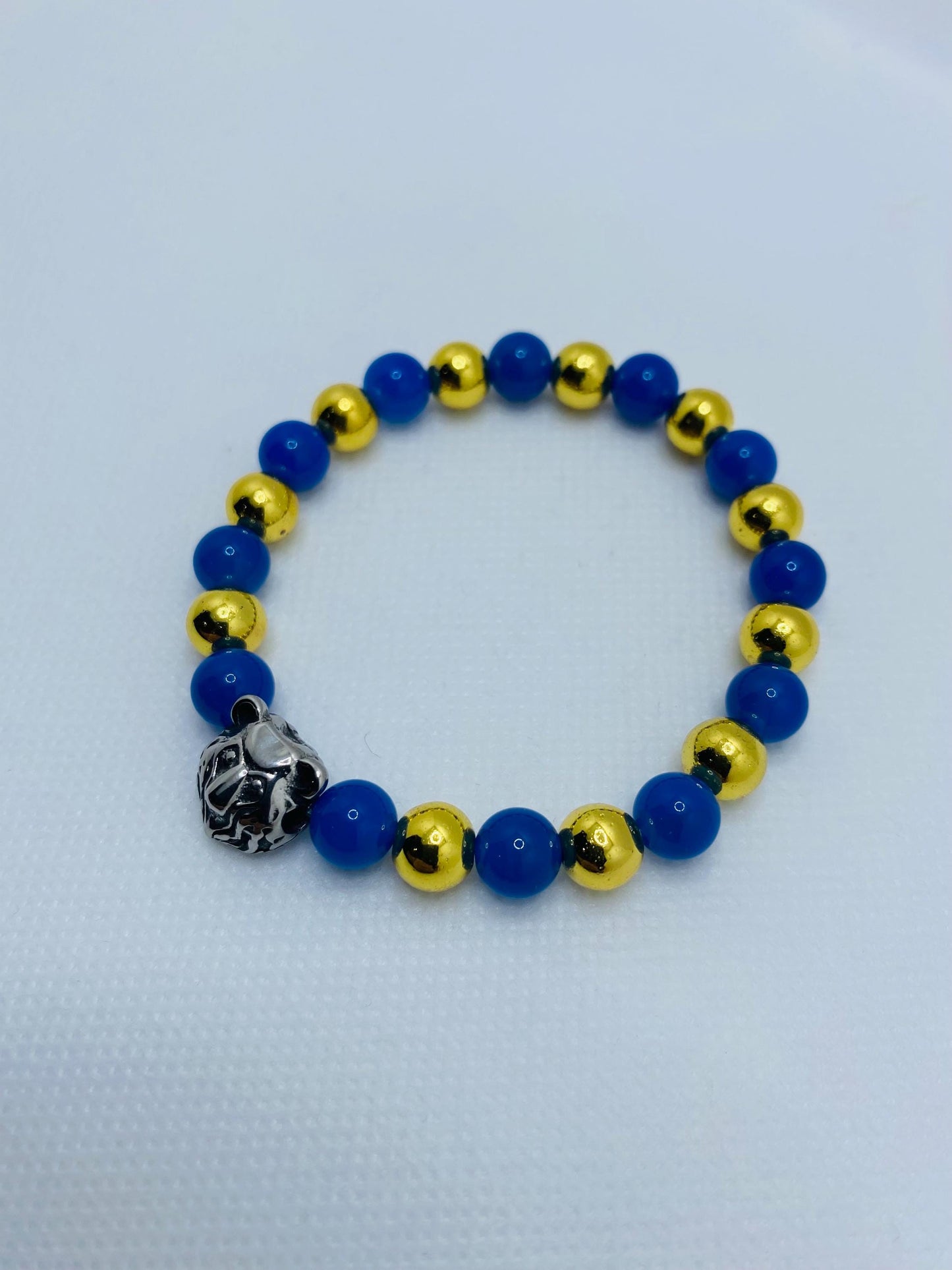 UCLA Bruins Bracelet: Blue Agate, Gold Hematite, Bear Charm