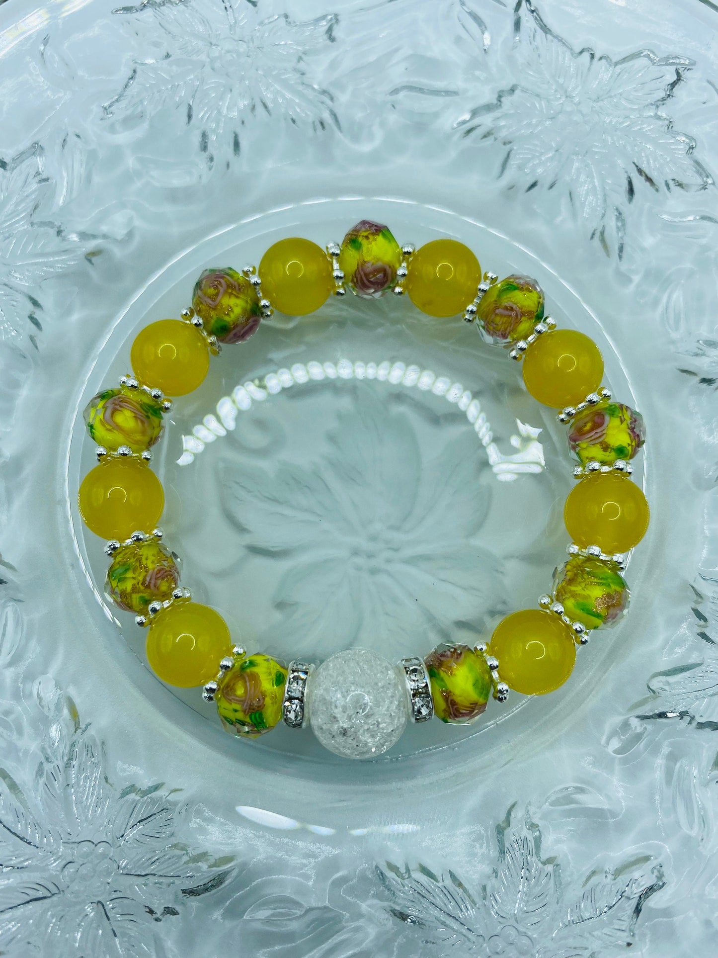 Summer Jewelry for Women with Yellow Agate & Lampwork Glass Beads, Quartz Crystal Bracelet
