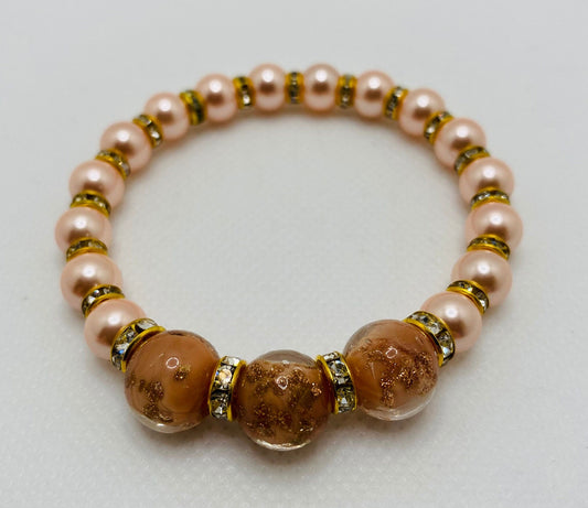 Pink Mother of Pearl Bracelet: Lampwork Glass Beads & Gold Rondelles