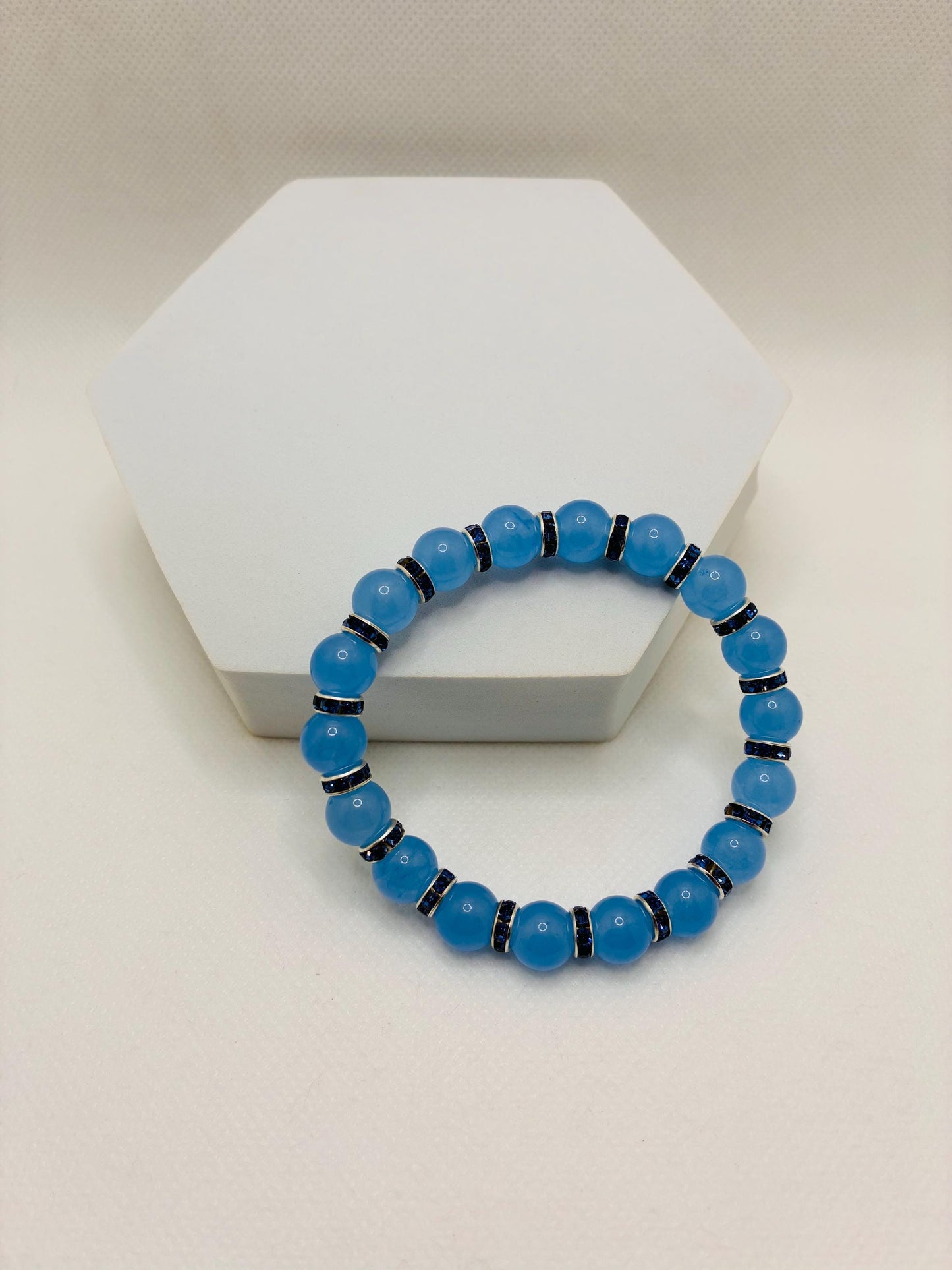 Aquamarine Blue Chalcedony Gemstone Bracelet with Blue Rhinestone Rondelles