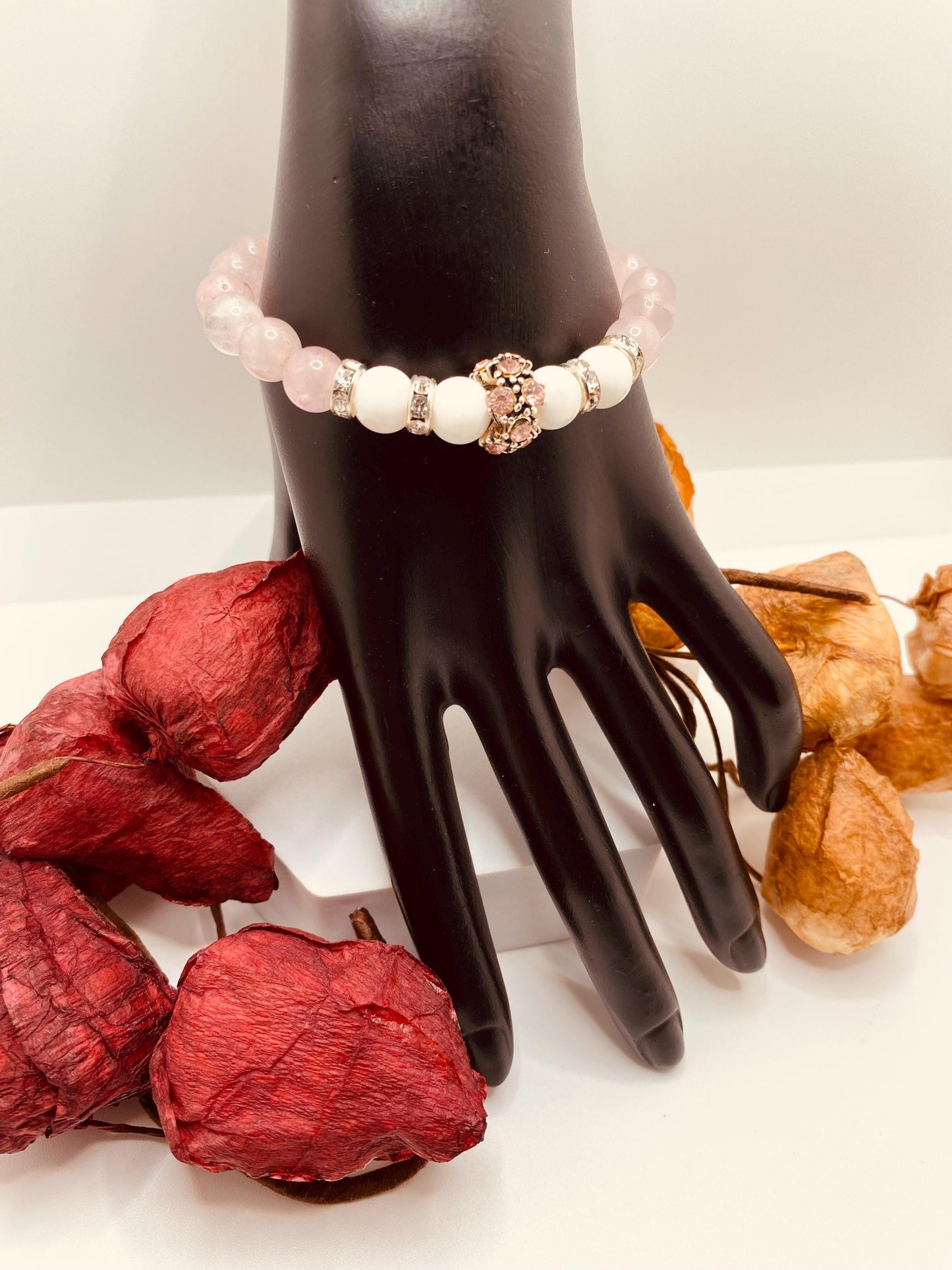 Rose Quartz Charm Bracelet: Agate Beads, Silver Rhinestone Charm