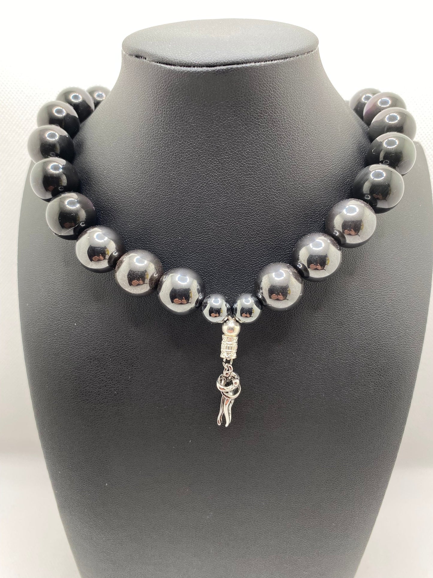 Black Obsidian & Hematite Necklace: Embrace Couple Charm