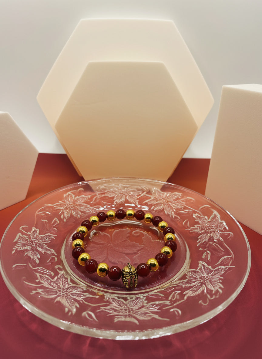USC Trojans Bracelet: Red Carnelian & Gold Spartan Helmet Beaded Bracelet