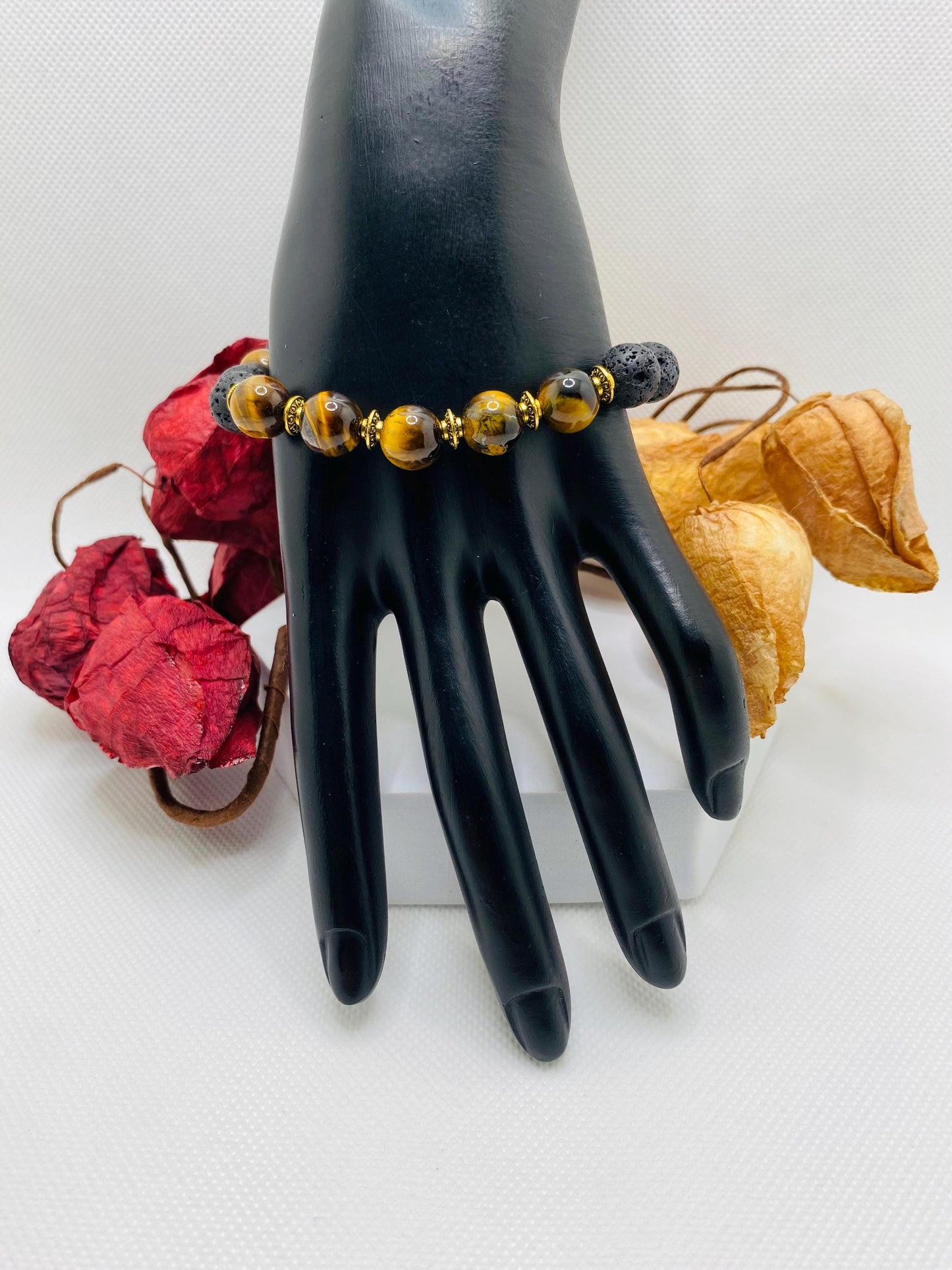 Mens Lava Rock & Tigers Eye Bracelet: Tibetan Gemstone Jewelry