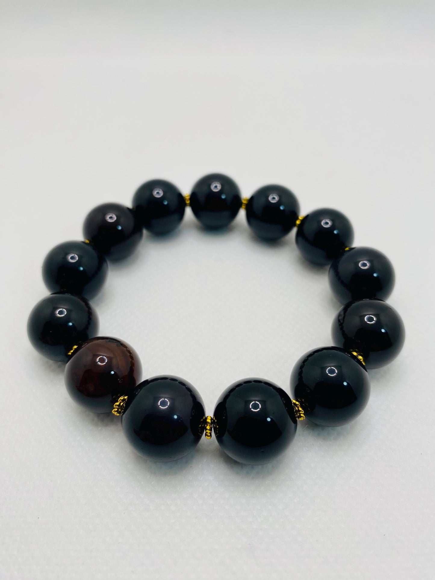 Handmade Obsidian & Agate Gemstone Bracelet with Golden Spacers