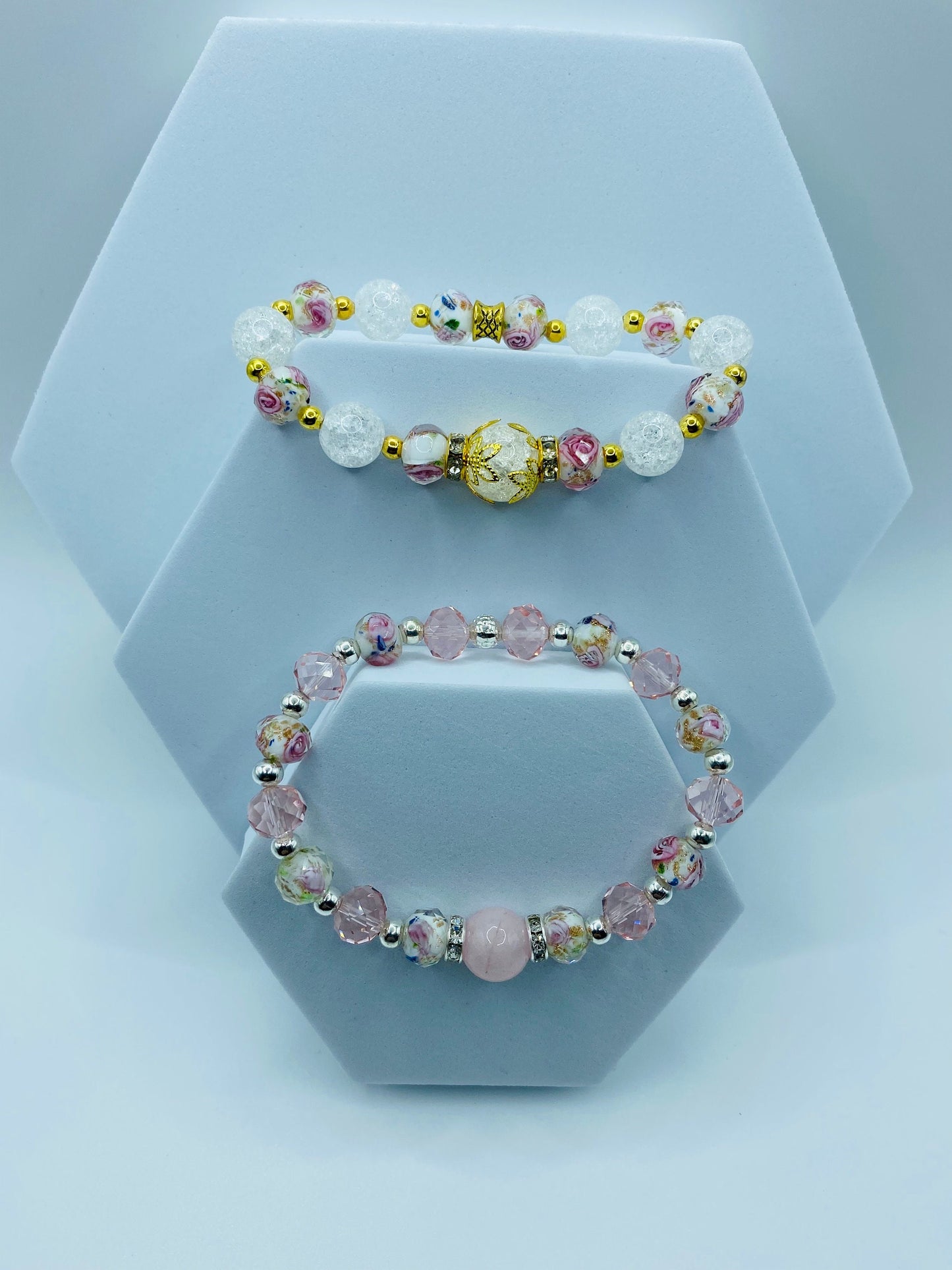 Rose Quartz Bracelet: Lampwork Floral Glass & Pink Crystal Beads