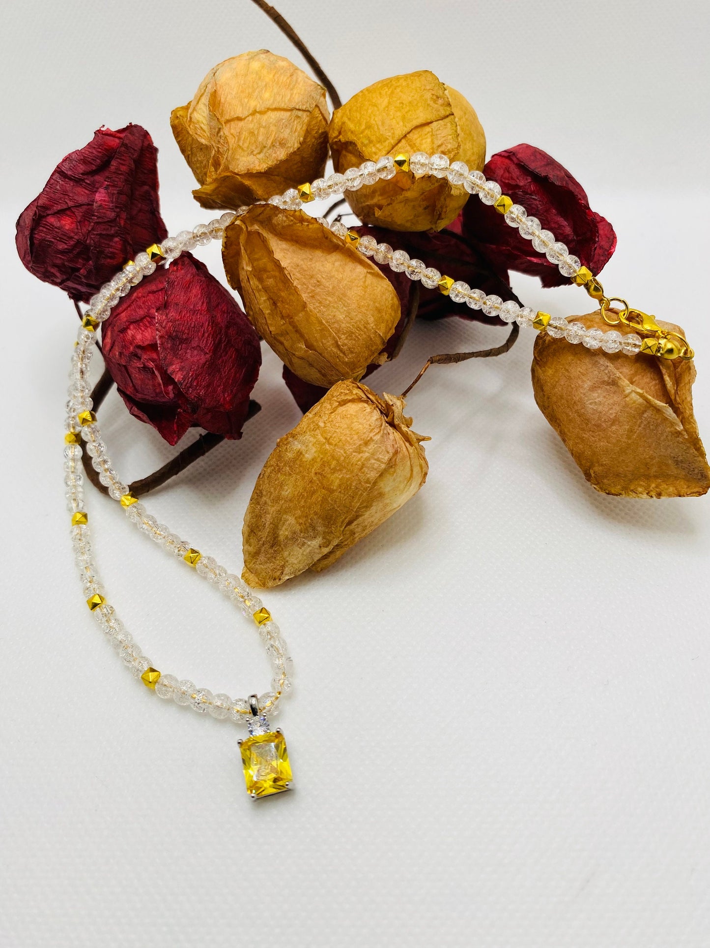 Citrine Pendant Necklace: 14k Gold Chain, Quartz Crystal Beads