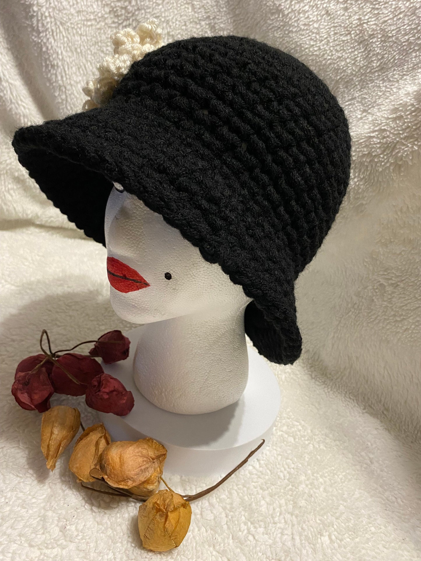 Black Crochet Bucket Hat: White Flower Accent, Handmade Acrylic