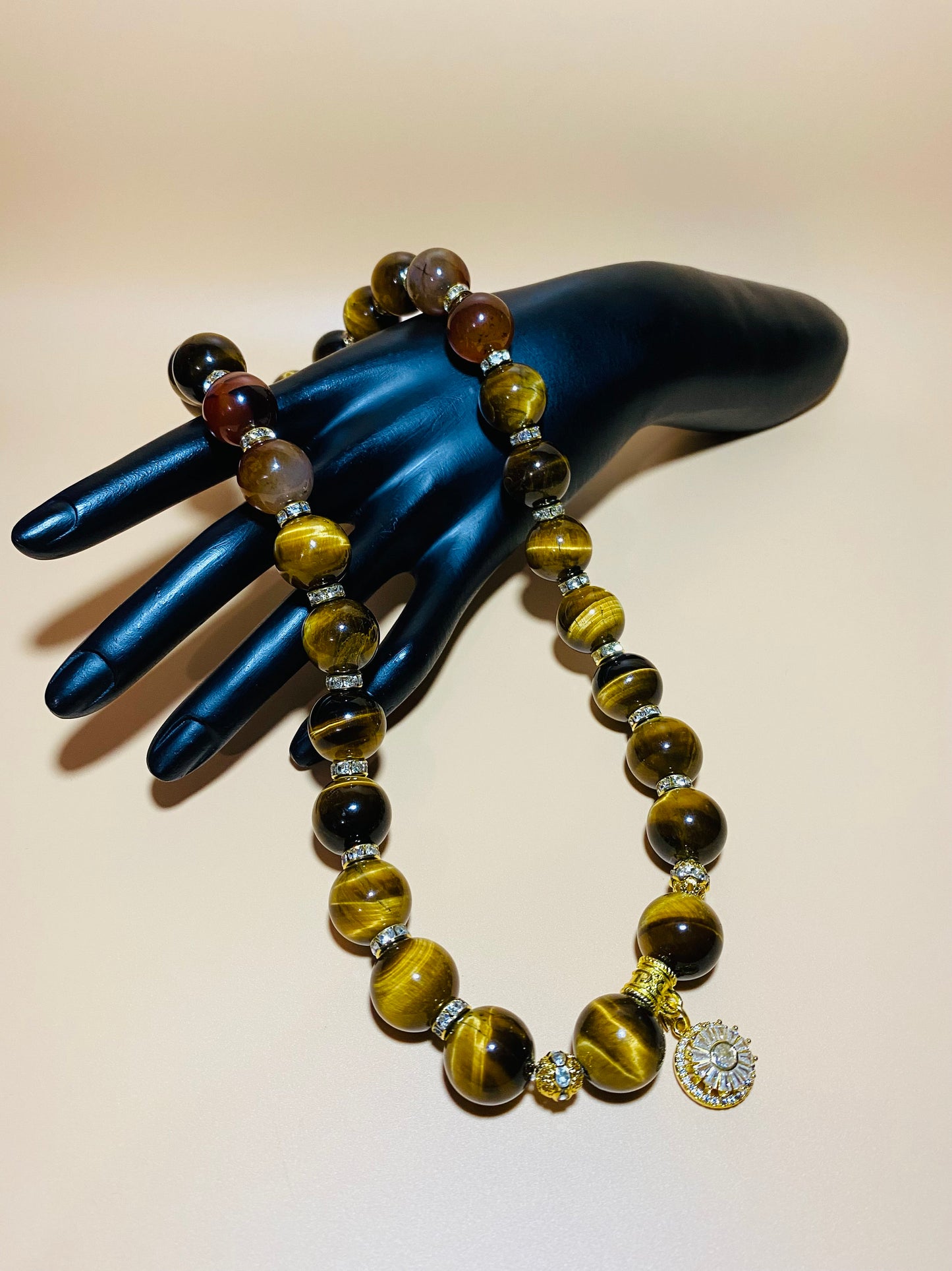 Tigers Eye Beaded Necklace with Gold Sunflower Charm