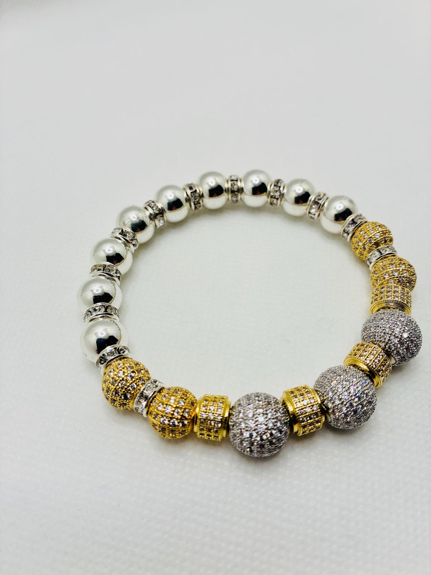 Silver Plated Hematite Bracelet with Gold-Plated and Silverplated Cubic Zirconia Beads