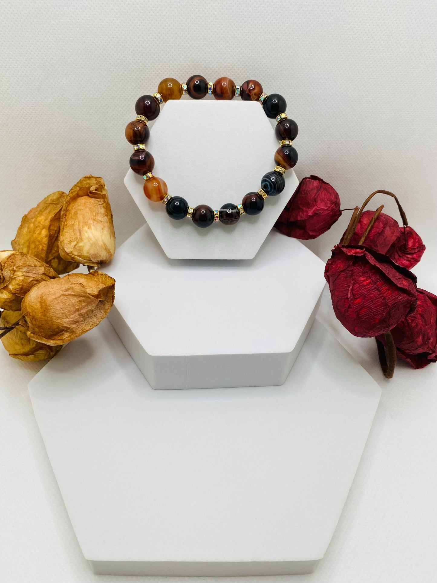 Red Dream Agate Gemstone Bracelet: Chunky Rhinestone Rondelle Jewelry