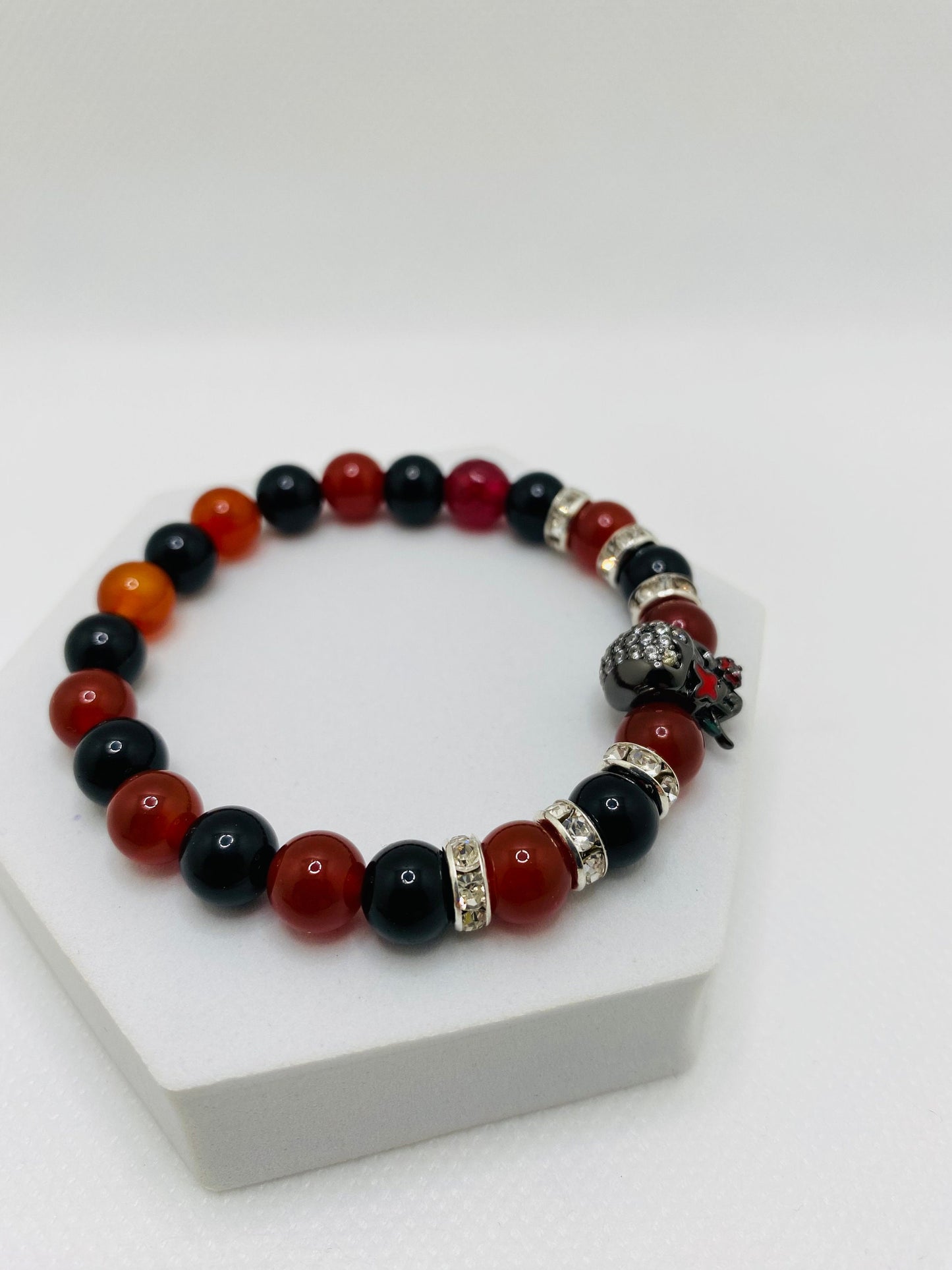 Sugar Skull Bracelet: Black Onyx, Red Carnelian, Rhinestone Rondelles