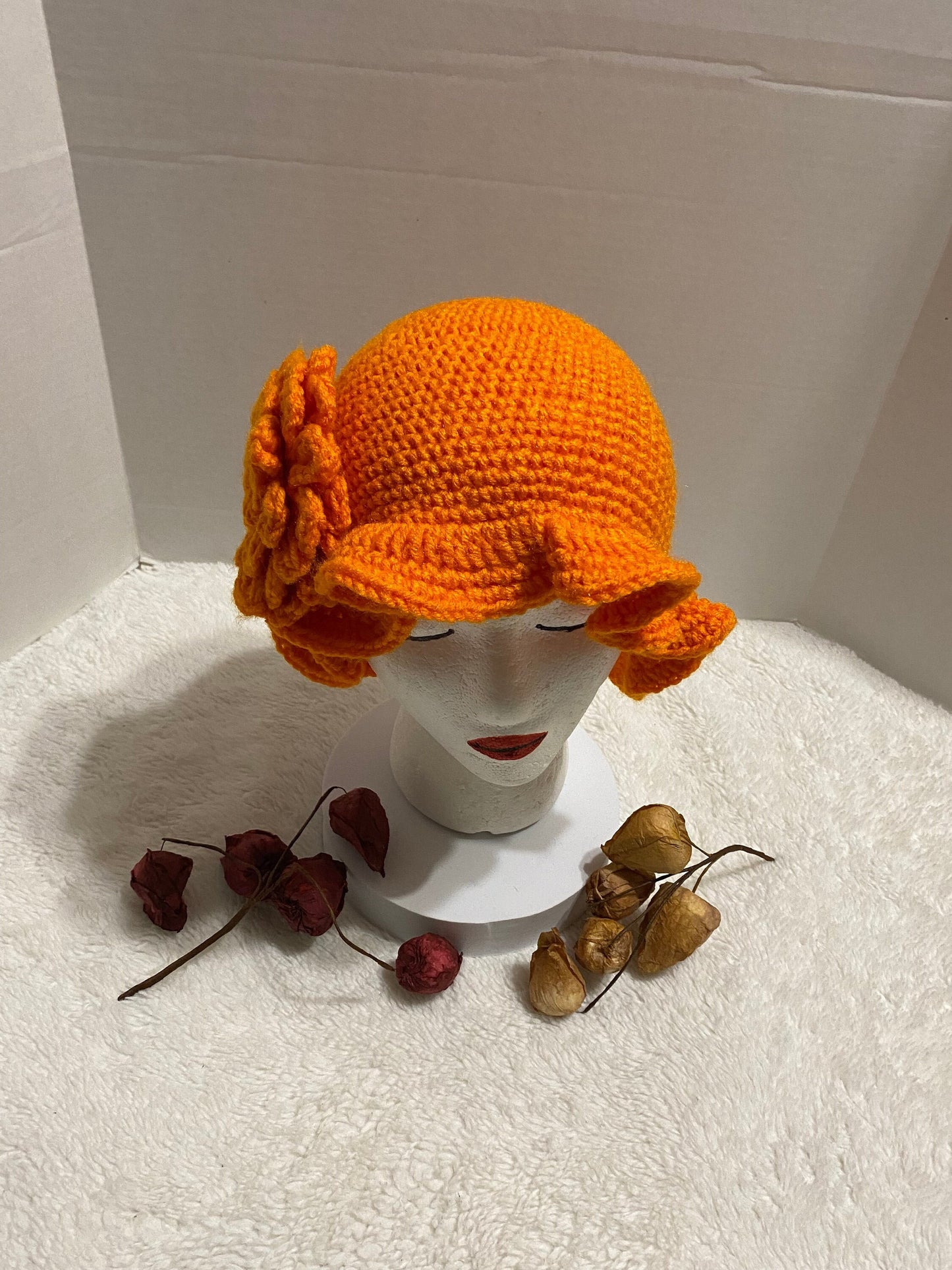 Crochet Bucket Hat with Flower: Orange Acrylic Handmade Women's Hat