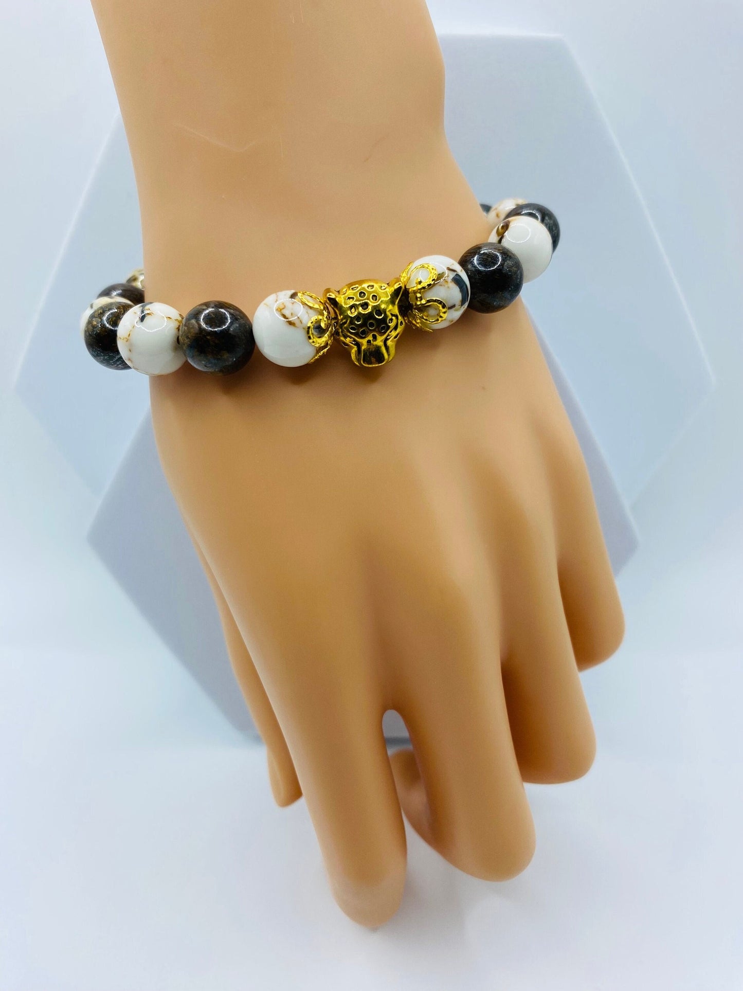 Leopard Charm Bracelet: Bronzite & White Shell Turquoise Gemstone Beads