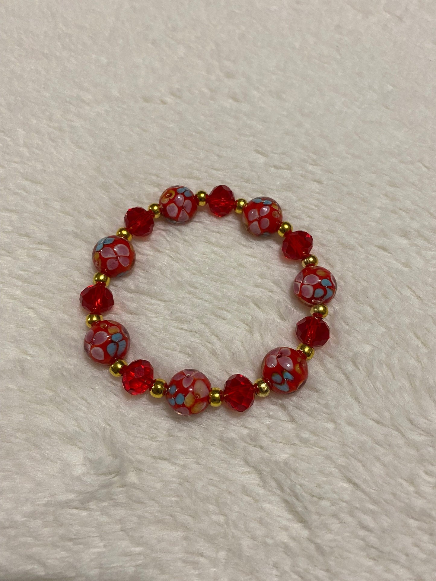 Red Floral Lampwork Glass Bead Bracelet: 18k Gold Hematite Accents