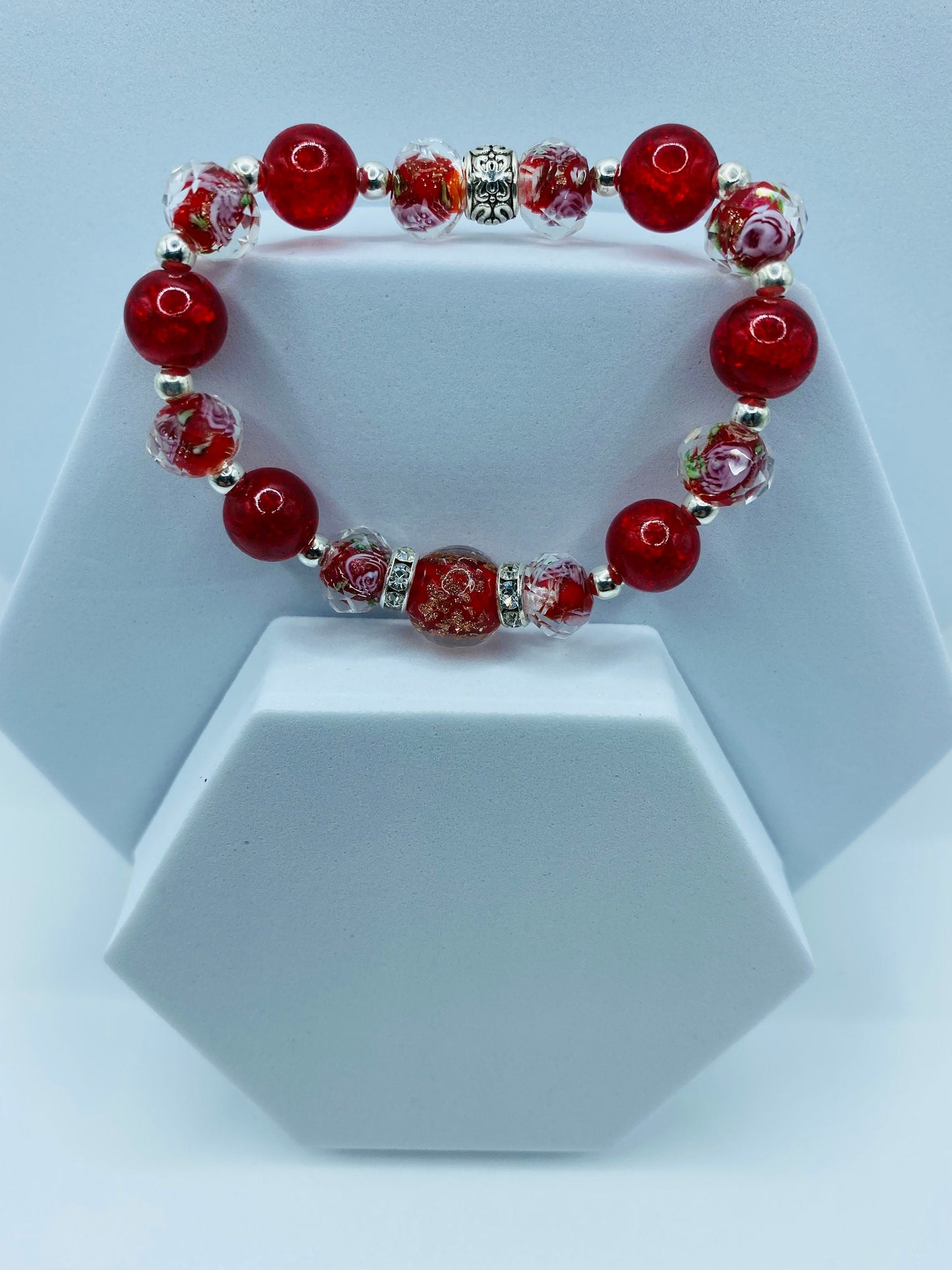 Red Lampwork Glass Bead Bracelet: Hematite & Crystal Rondelles