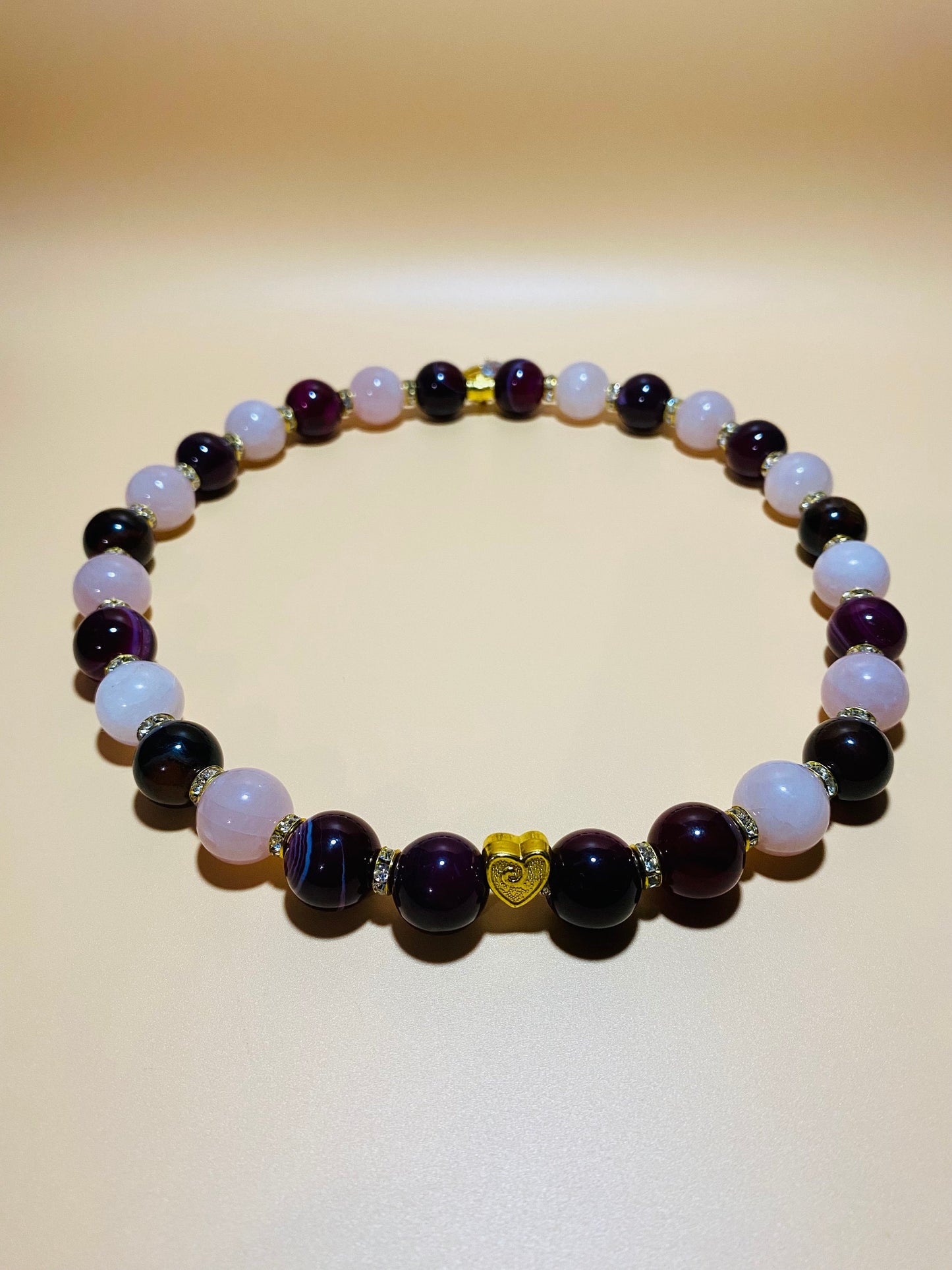 Handmade Rose Quartz Agate Beaded Necklace with Gold Heart Charm