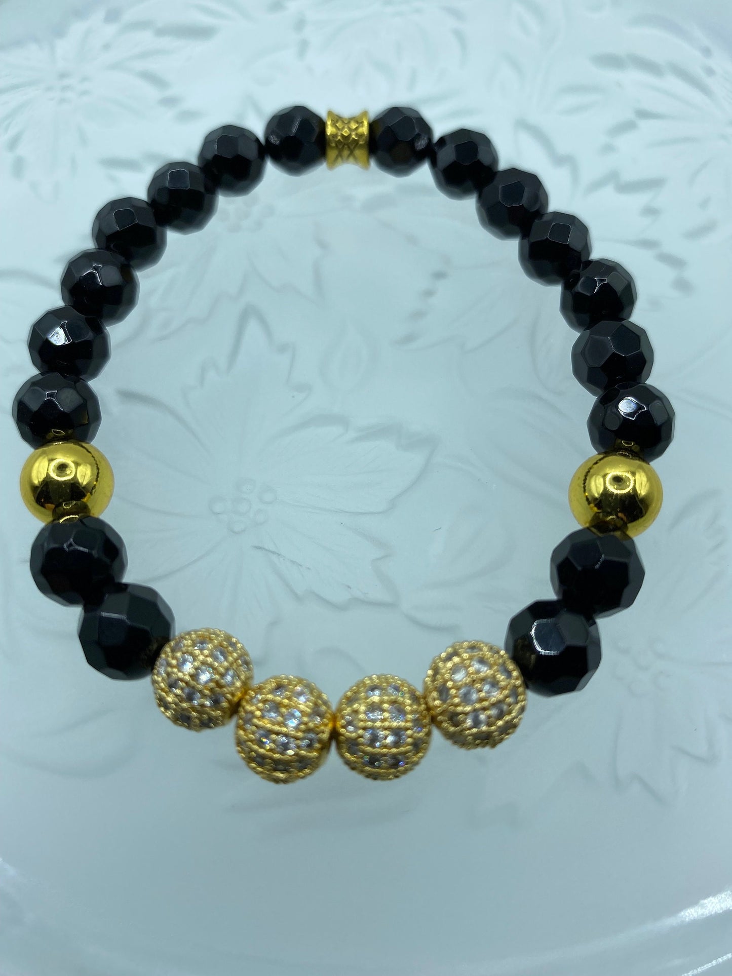 Black Onyx Bracelet for Men: Gold CZ Inlaid Beads, Hematite Gemstone