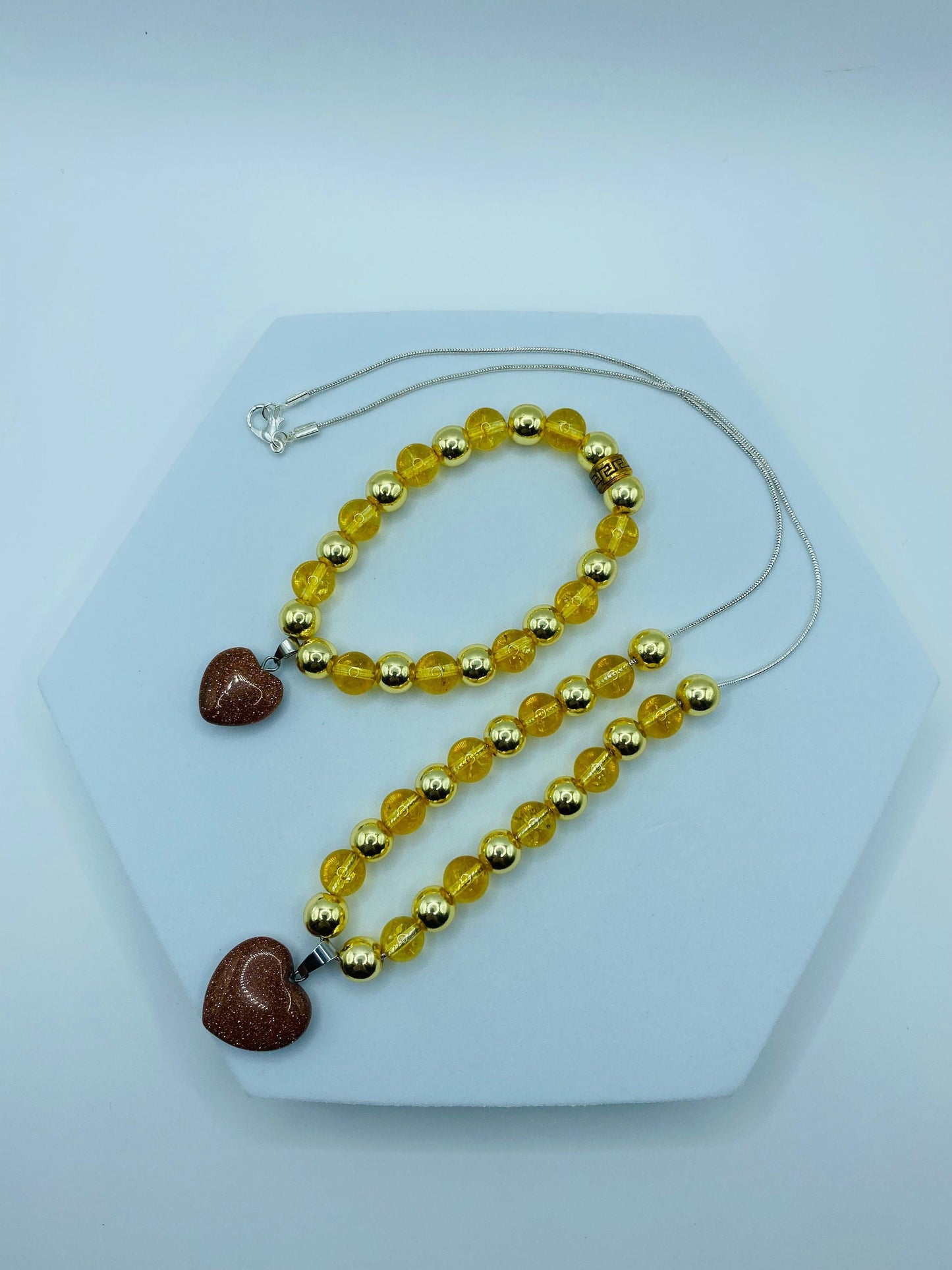 Womens Jewelry Citrine Necklace & Bracelet - Gold Hematite and Goldstone Heart Charms - Gifts for Women