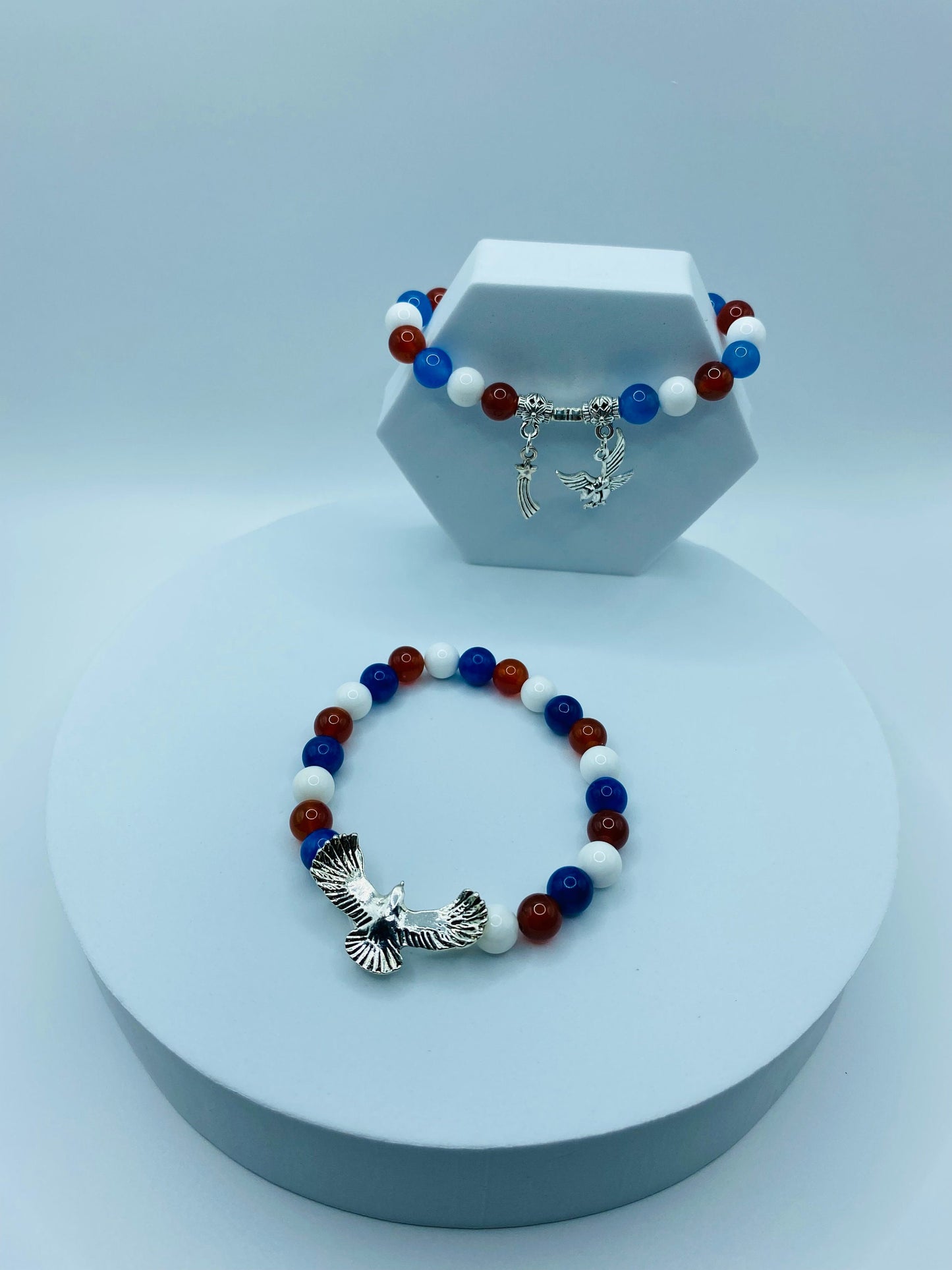 Eagle Charm Bracelet: Red, White & Blue Gemstone Beaded Patriotic Jewelry
