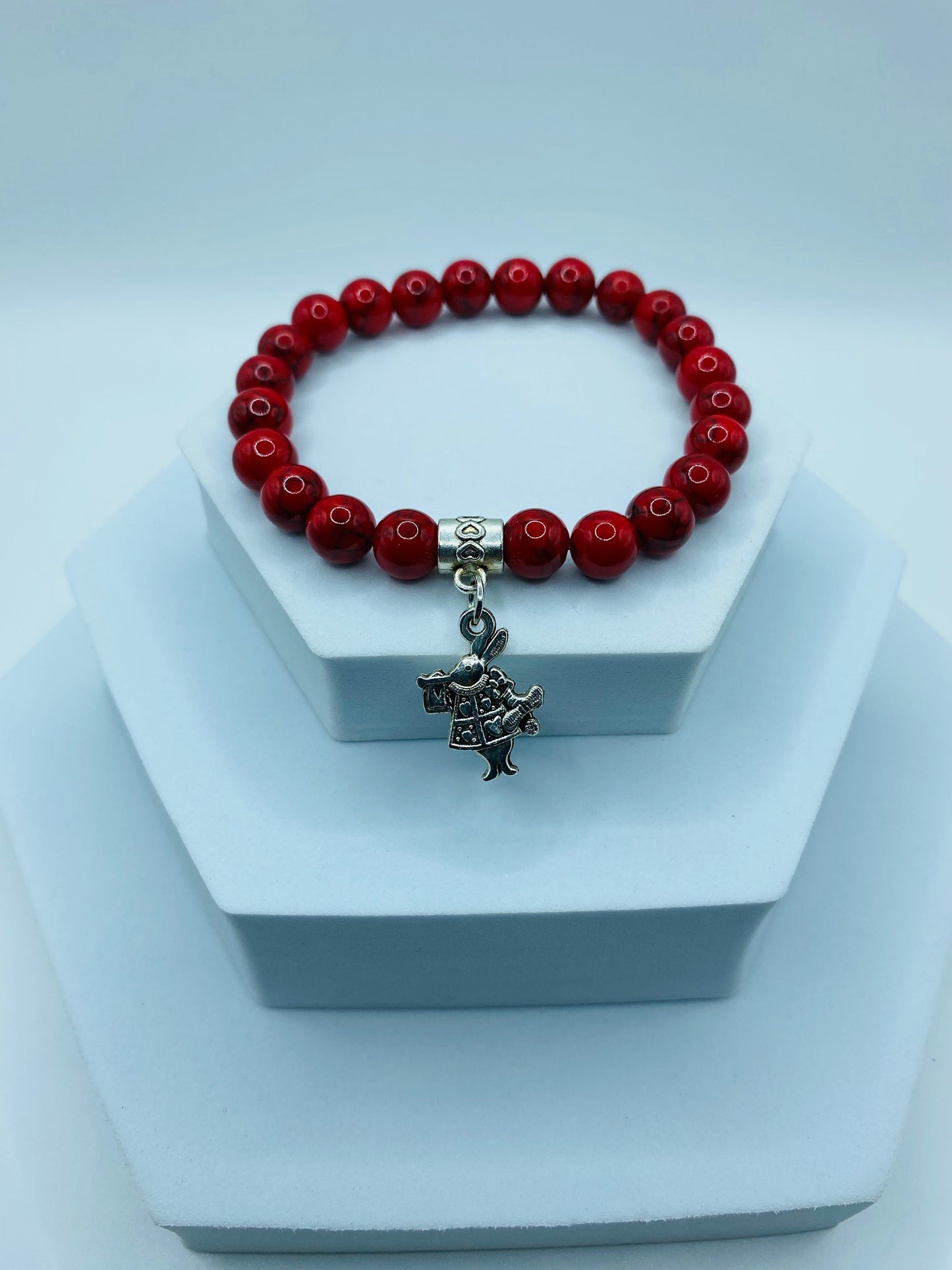 Charm Bracelet Alice in Wonderland Bad Bunny, Turquoise Gemstone Beaded Bracelet