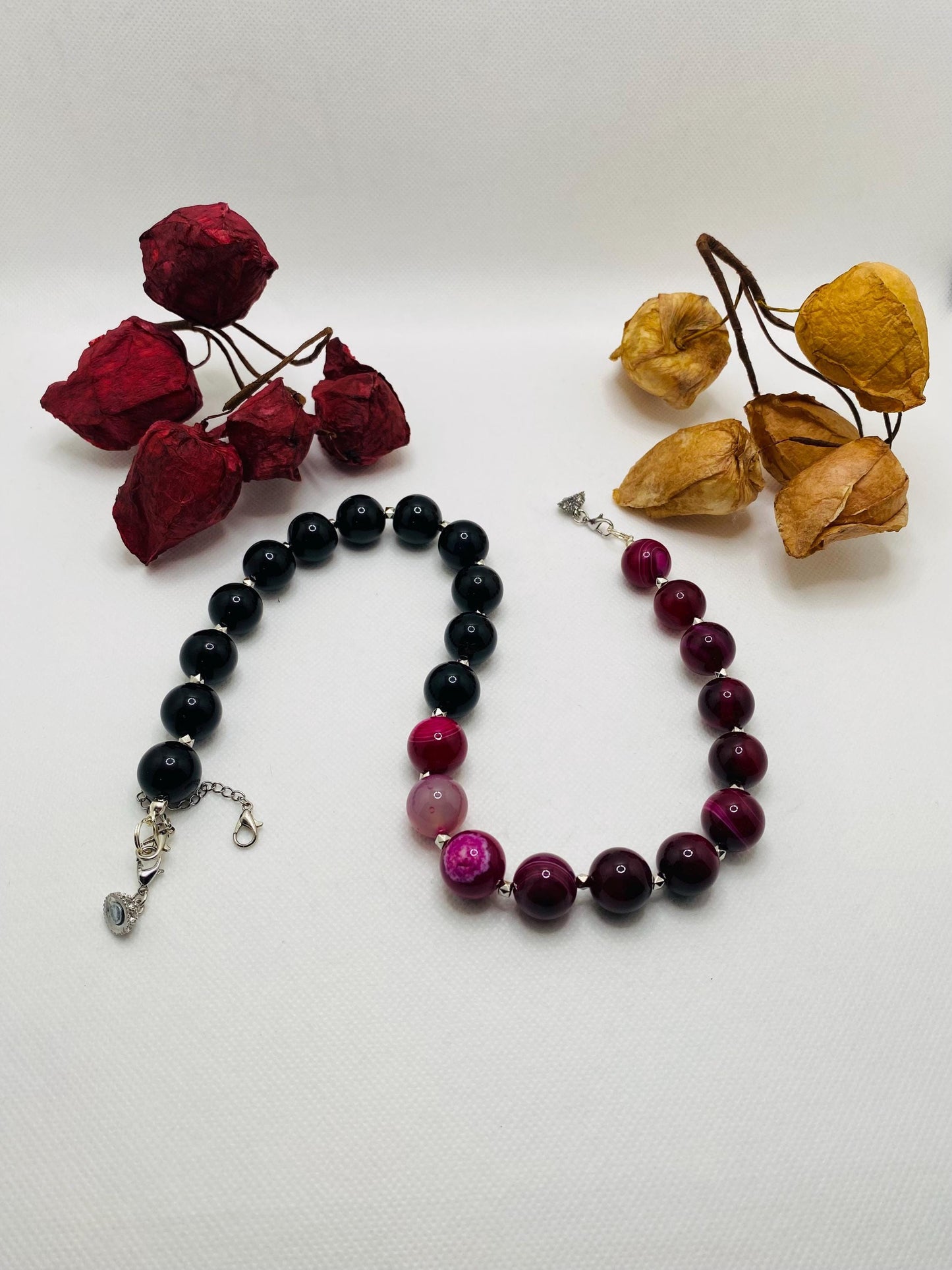 Handmade Black Obsidian & Plum Agate Gemstone Necklace