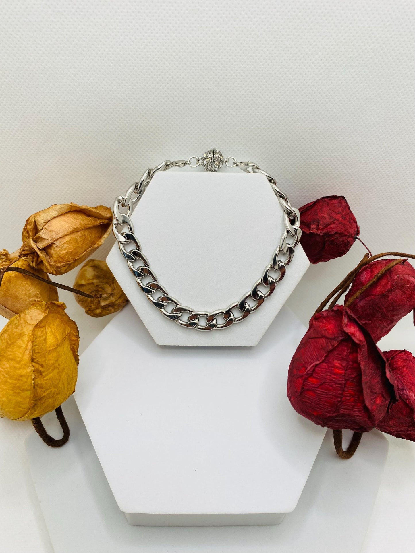 Silver Stainless Steel Cuban Link Bracelet: Unisex Magnetic Clasp