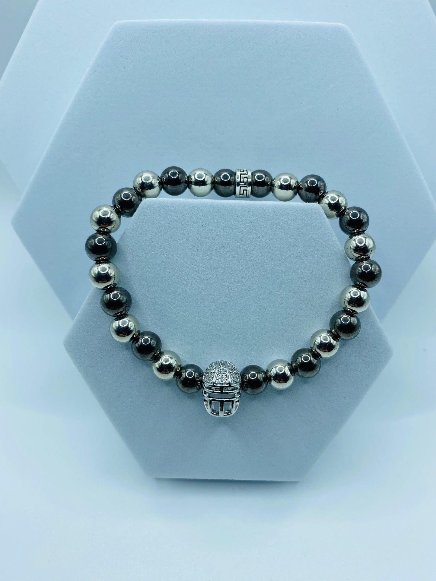 Las Vegas Raiders Bracelet: Hematite Gemstone Beads, CZ Football Helmet