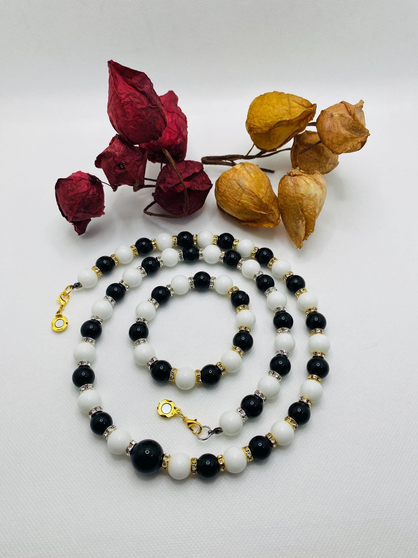 Handmade Onyx Necklace and Bracelet Set: Black and White Gemstone Jewelry