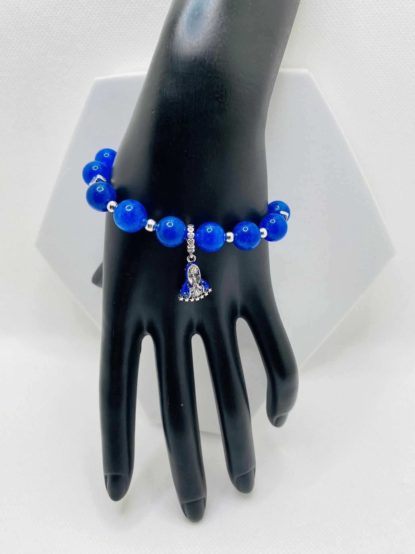 Blue Kyanite Gemstone Bracelet: Virgin Mary Charm, Cross Beads