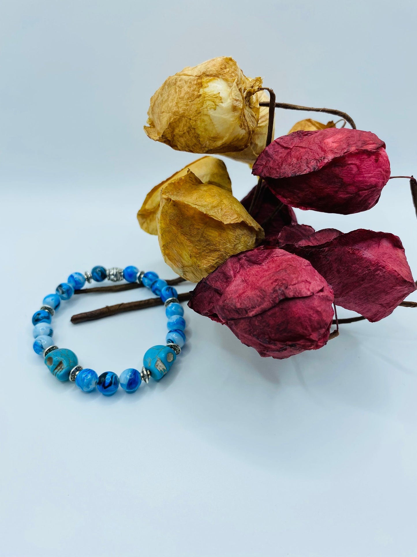 Dia de Los Muertos Bracelet: Turquoise Skull Beads, Halloween Jewelry