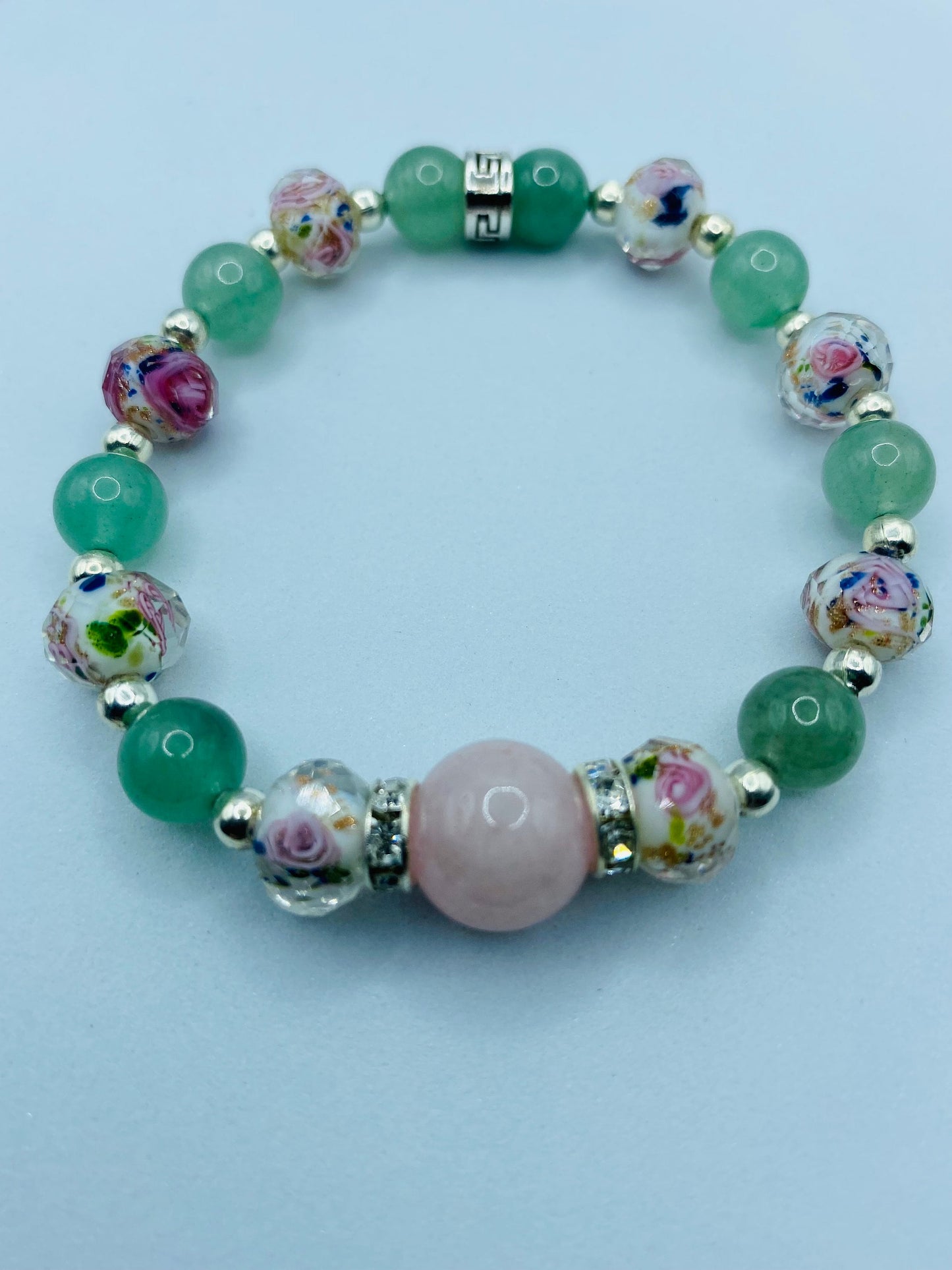 Rose Quartz Bracelet with Green Aventurine & Lampwork Glass Beads - Hematite Gemstone Bracelet