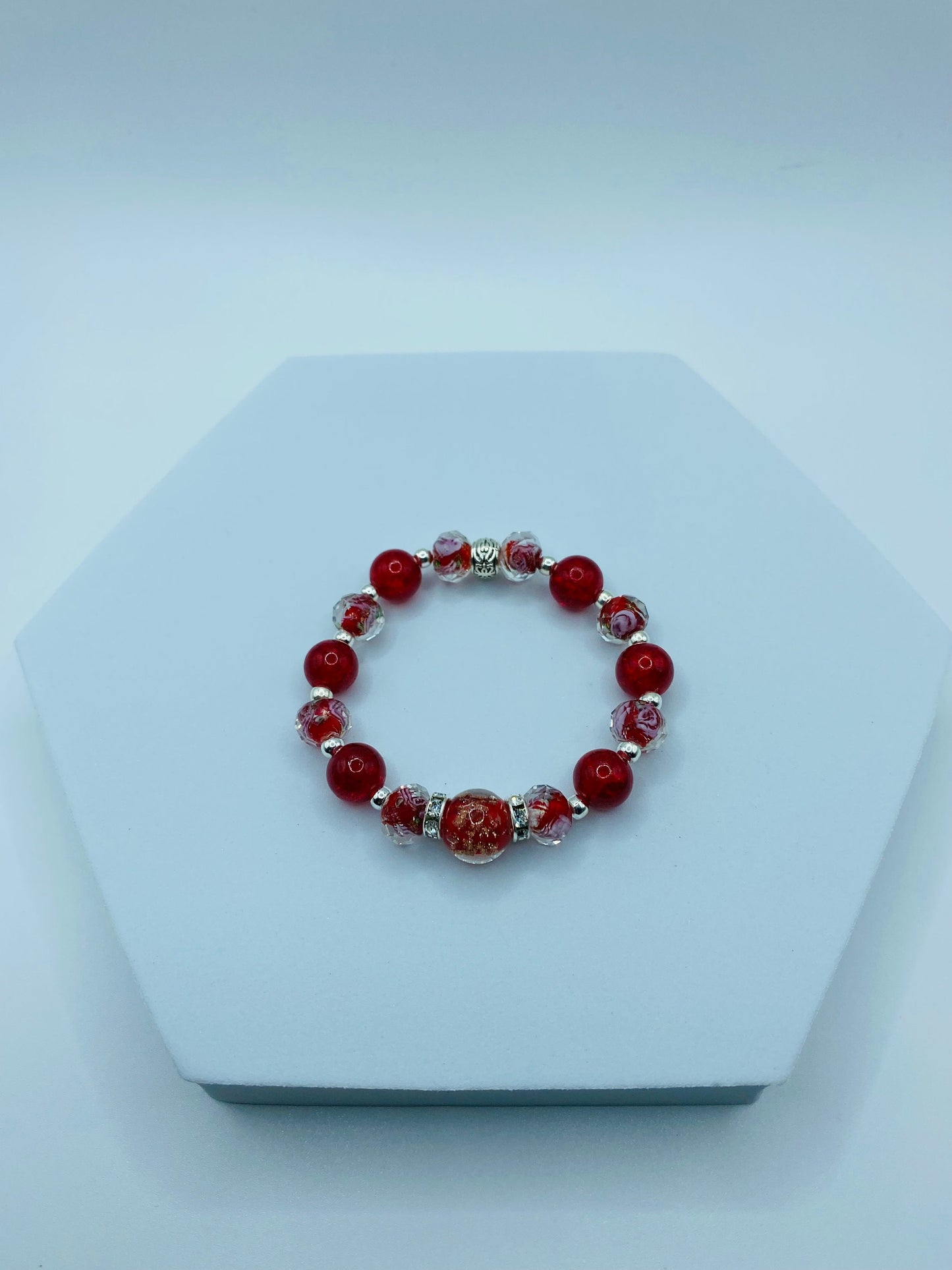 Red Lampwork Glass Bead Bracelet: Hematite & Crystal Rondelles