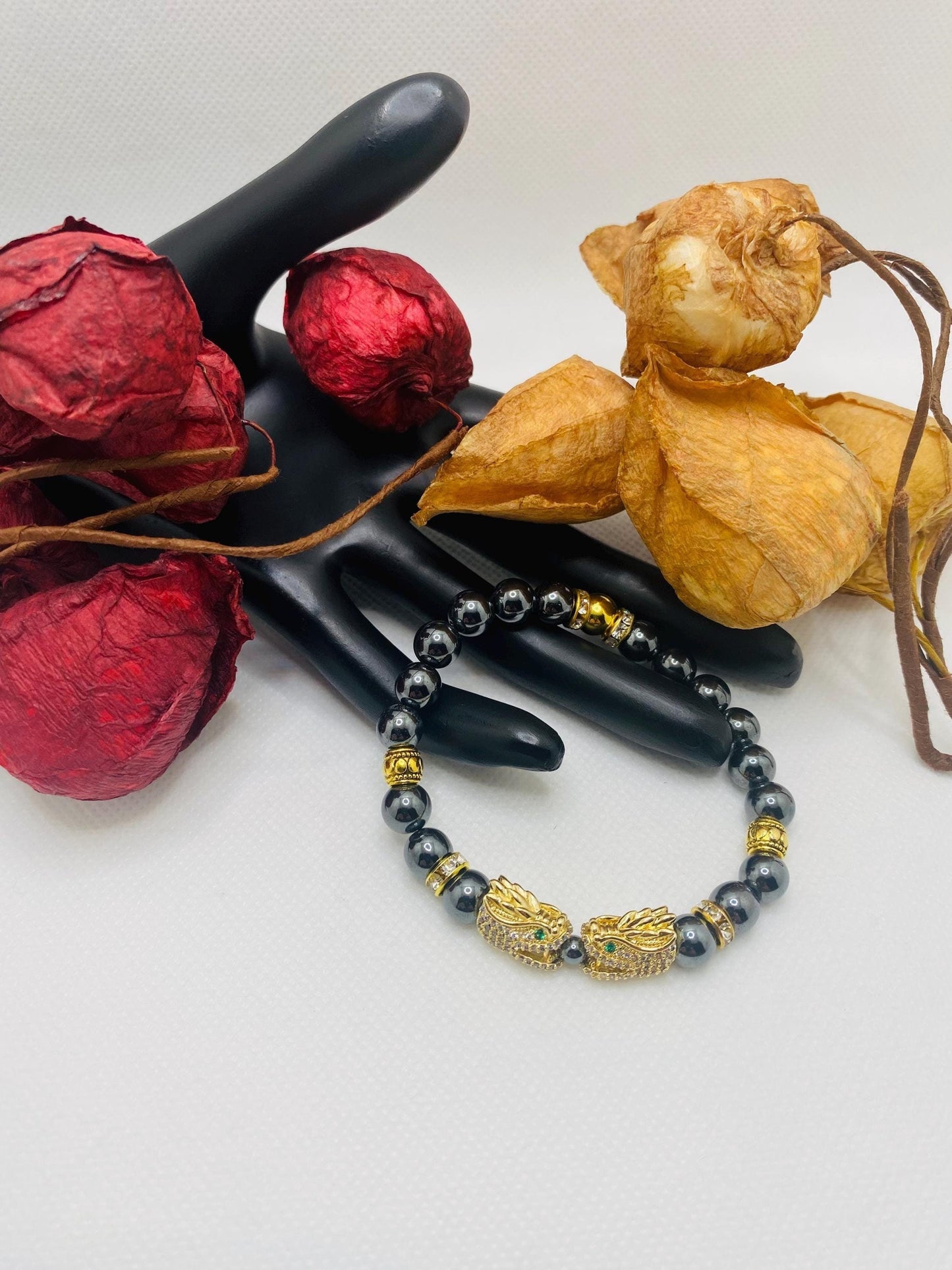 Hematite Dragon Bracelet: Gold Plated Charm, Rhinestone Spacers