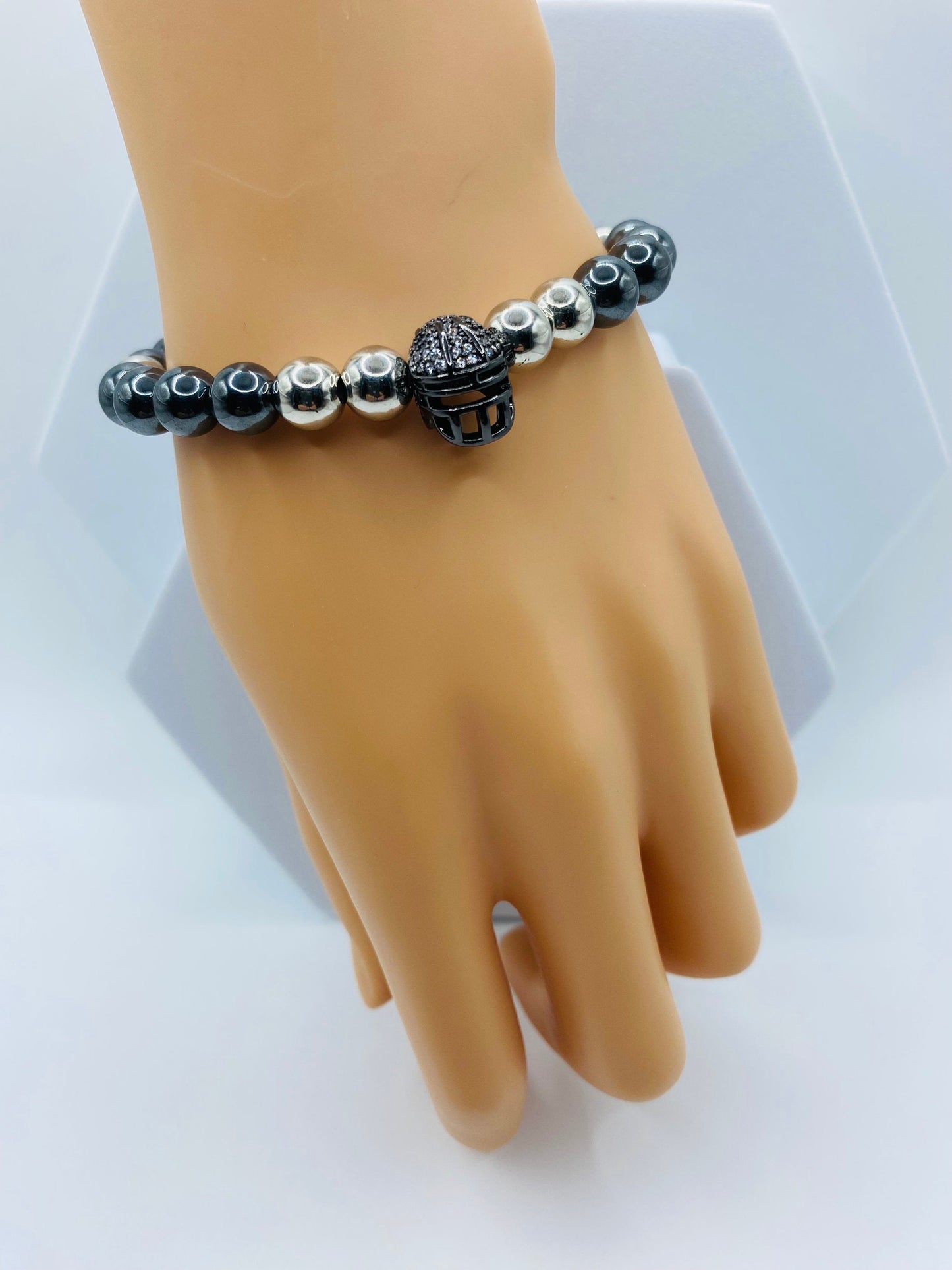 Las Vegas Raiders Mens Bracelet - Hematite Gemstone Beads and Football Helmet - Bracelets for Women