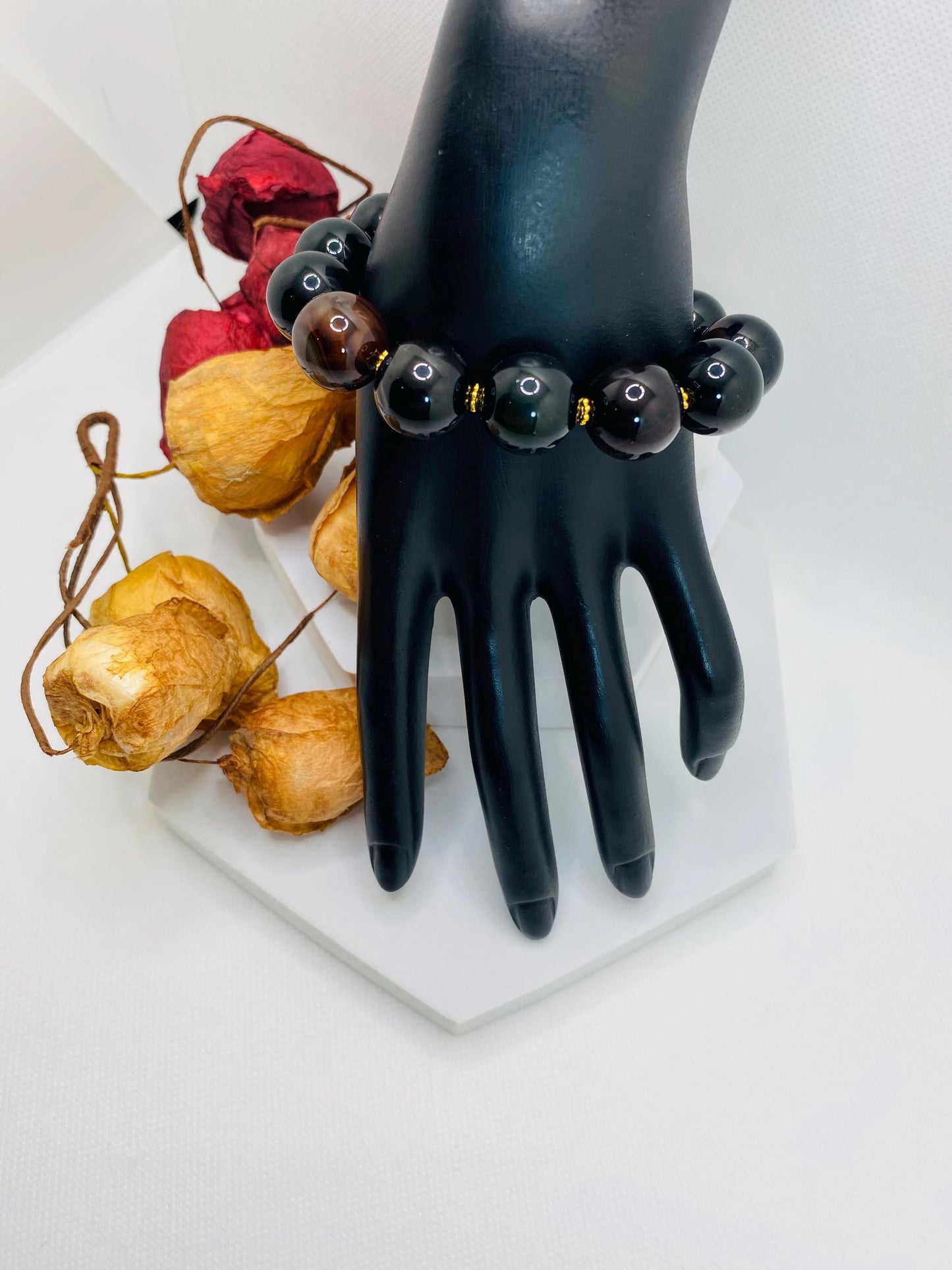 Handmade Obsidian & Agate Gemstone Bracelet with Golden Spacers