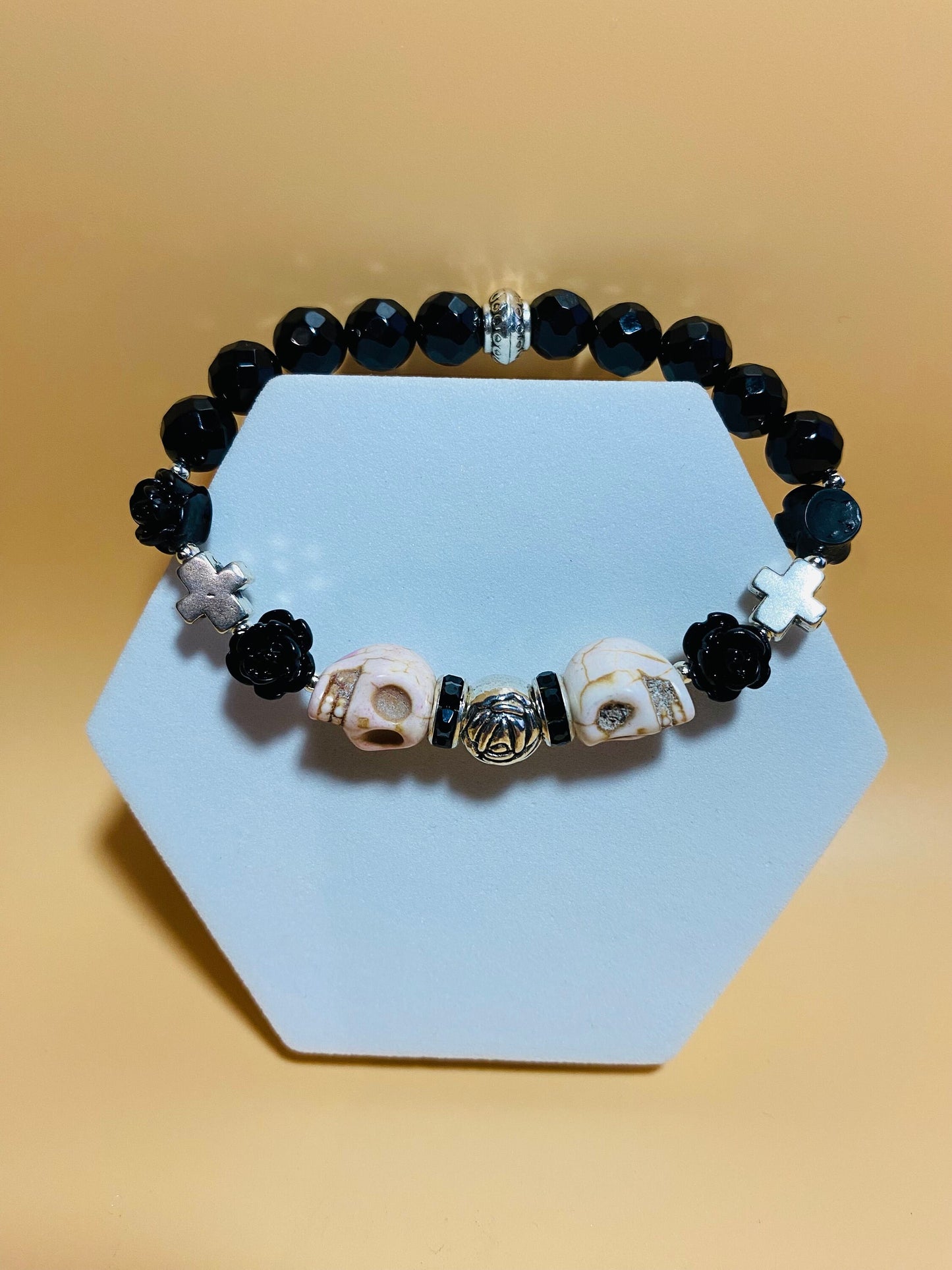 Day of the Dead Black Onyx Bracelet with Skull Beads - Silver Cross Bracelet - Gift for Her - Gift for Him